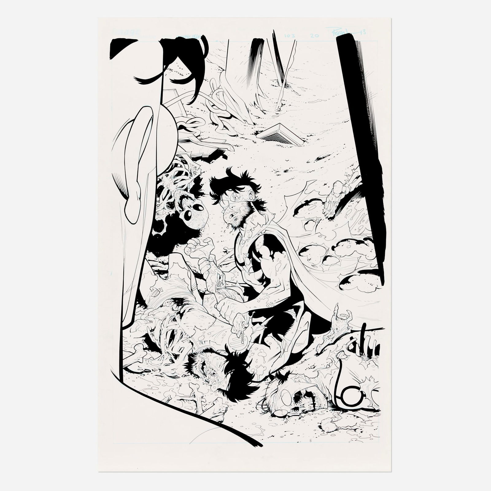 Ryan Ottley and Cliff Rathburn, Invincible #103 Story Page 13 Original Art (Image Comics, 2013): Ryan Ottley and Cliff Rathburn Invincible #103 Story Page 13 Original Art (Image Comics, 2013) blueline pencil and ink 17 h x 11 w in (43 x 28 cm) Invincible #103, story page 13 with pencils by