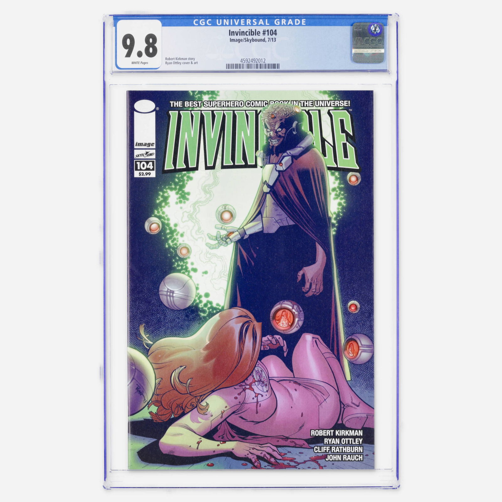 Image/Skybound Invincible #104 CGC 9.8: Image/Skybound Invincible #104 CGC 9.8 USA, 2013 Invincible #104, written by Robert Kirkman and featuring art and cover work by Ryan Ottley. A scarce high grade example, this copy is one of only