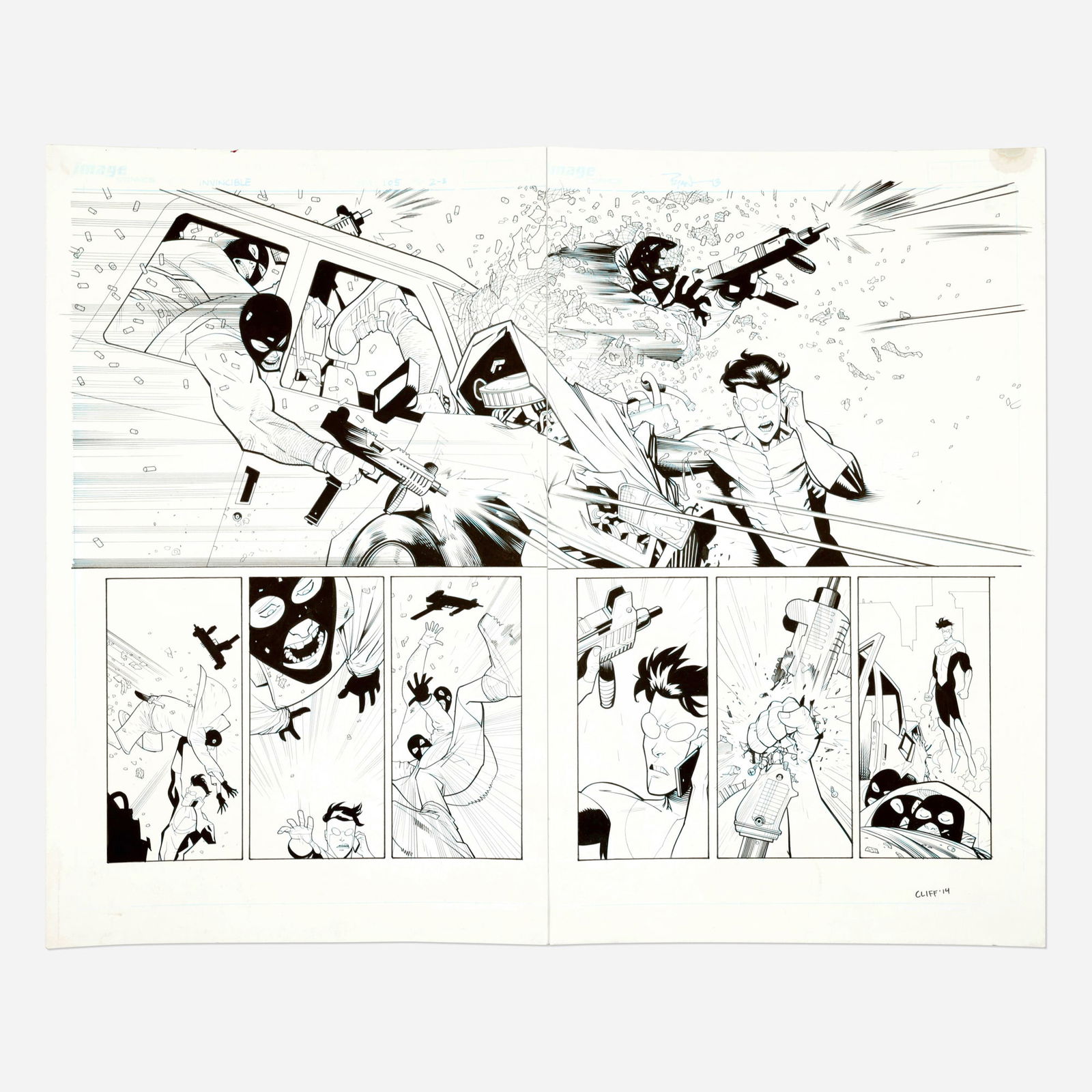 Ryan Ottley and Cliff Rathburn, Invincible #105 Story Pages 2 and 3 Original Art: Ryan Ottley and Cliff Rathburn Invincible #105 Story Pages 2 and 3 Original Art (Image Comics, 2013) blueline pencil and ink 21.313 h x 17 w in (54 x 43 cm) Invincible #105, story pages 2 and 3