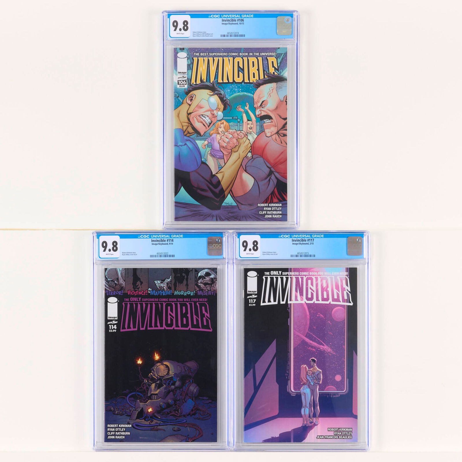 3 Image/Skybound Invincible #106, #114 and #117 CGC 9.8 Group: 3 Image/Skybound Invincible #106, #114 and #117 CGC 9.8 Group USA, 2013-2015 Image/Skybound Invincible #106 CGC 9.8 (10/13) CGC#: 4654512019Population: 57 in 9.8, 0 higher view cgc
