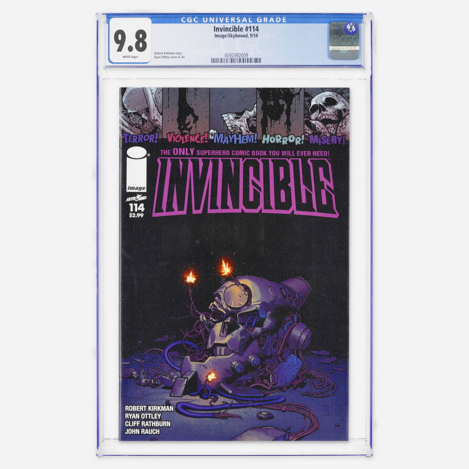 Image/Skybound Invincible #114 CGC 9.8: Image/Skybound Invincible #114 CGC 9.8 USA, 2014 Invincible #114, written by Robert Kirkman, with Ryan Ottley providing both the interior pencils and cover artwork. Even as a modern issue