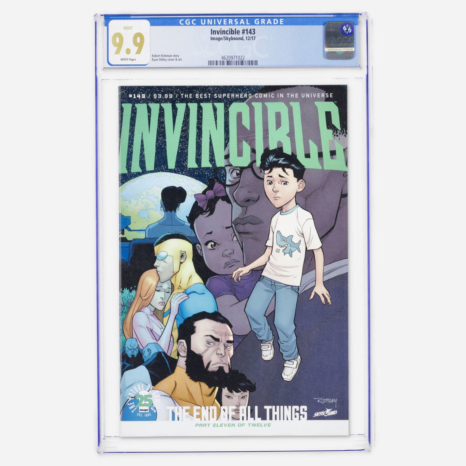 Image/Skybound Invincible #143 CGC 9.9: Image/Skybound Invincible #143 CGC 9.9 USA, 2017 Invincible #143, the second to last issue of the landmark series, written by Robert Kirkman with art and cover by Ryan Ottley. While 62 copies have ach