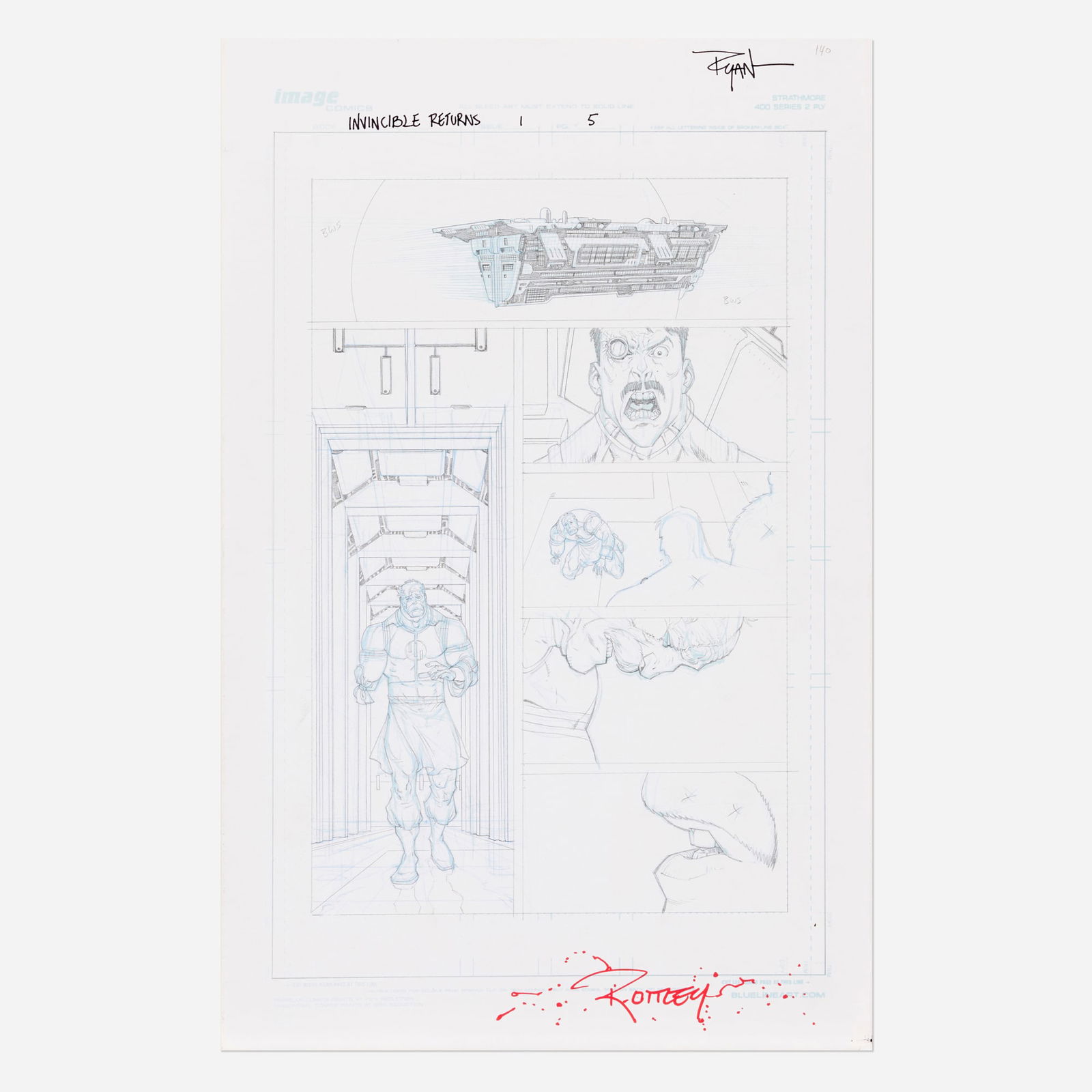 Ryan Ottley, Invincible Returns #1 Story Page 5 Original Art (Image Comics, 2010): Ryan Ottley Invincible Returns #1 Story Page 5 Original Art (Image Comics, 2010) USApencil and blueline pencil 17 h x 11 w in (43 x 28 cm) Invincible Returns #1, story page 5. Illustrat
