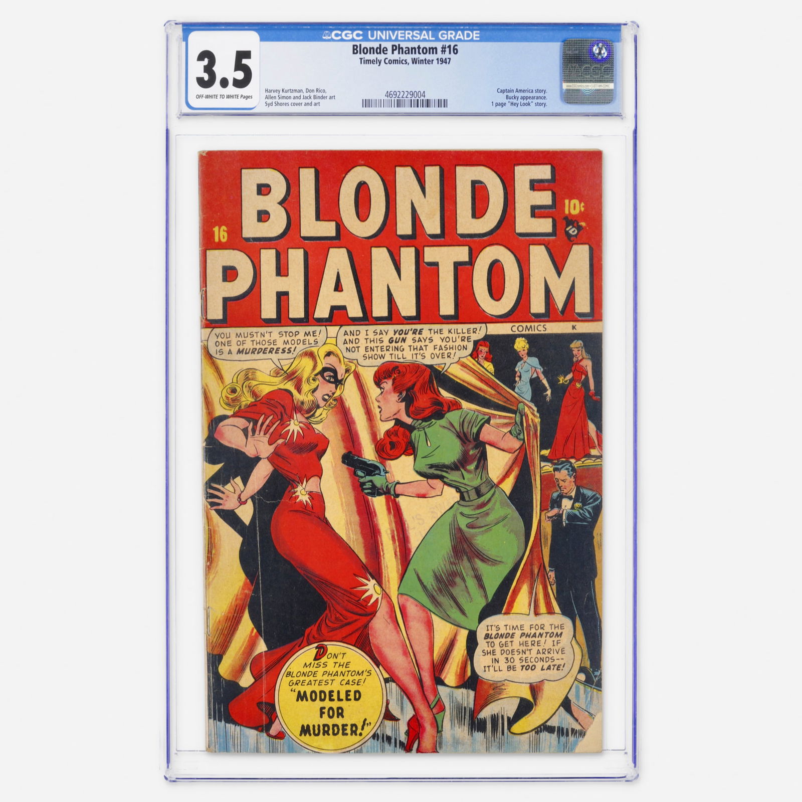 Timely Comics Blonde Phantom #16 CGC 3.5: Timely Comics Blonde Phantom #16 CGC 3.5 USA, 1947 Blonde Phantom #16 includes a Captain America story featuring Bucky, along with a one-page installment of Harvey Kurtzman's "Hey Look!". Interior