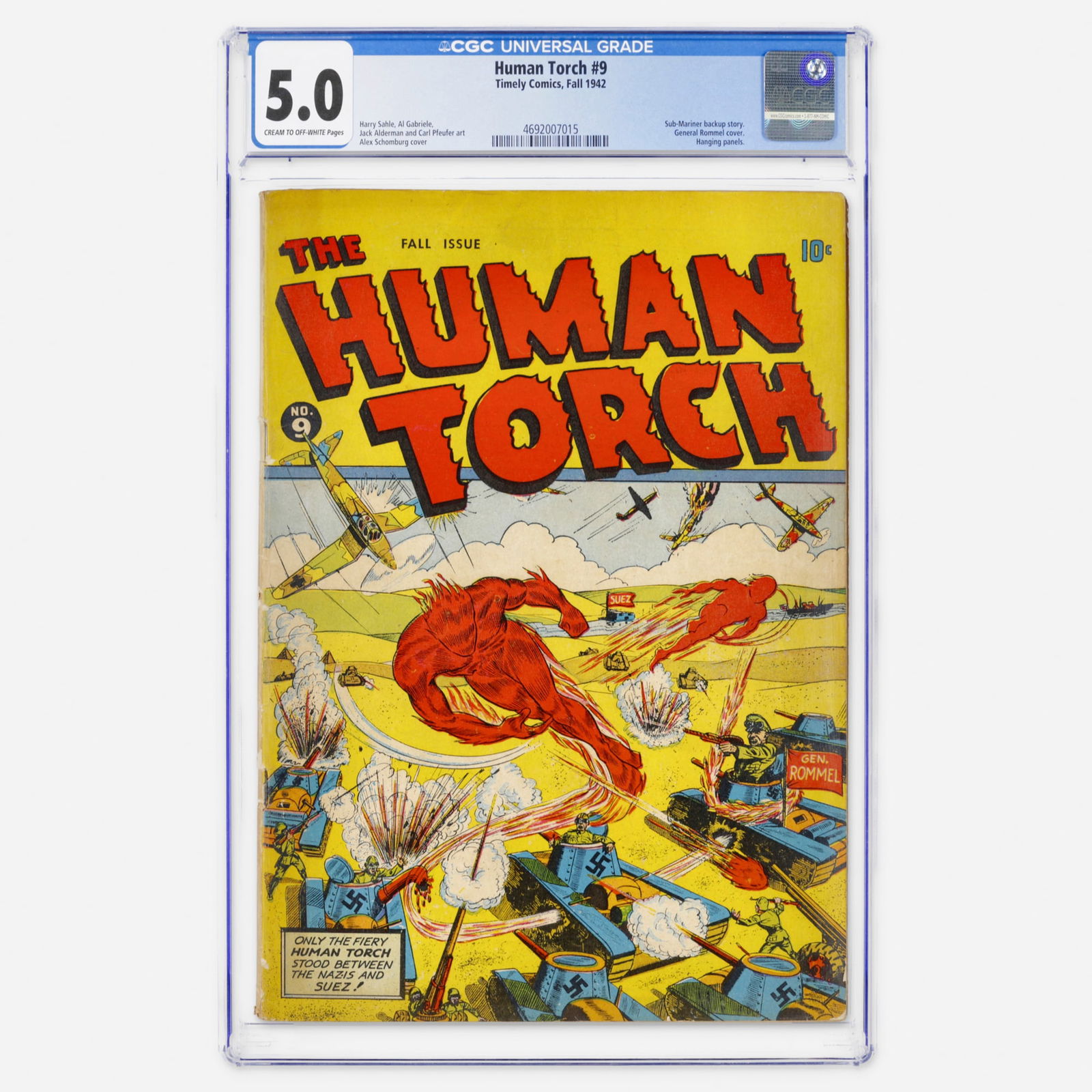 Timely Comics Human Torch #9 CGC 5.0: Timely Comics Human Torch #9 CGC 5.0 USA, 1942 Human Torch #9 features a classic wartime Alex Schomburg cover depicting General Rommel, one of the memorable images from Timely's Golden Age run.