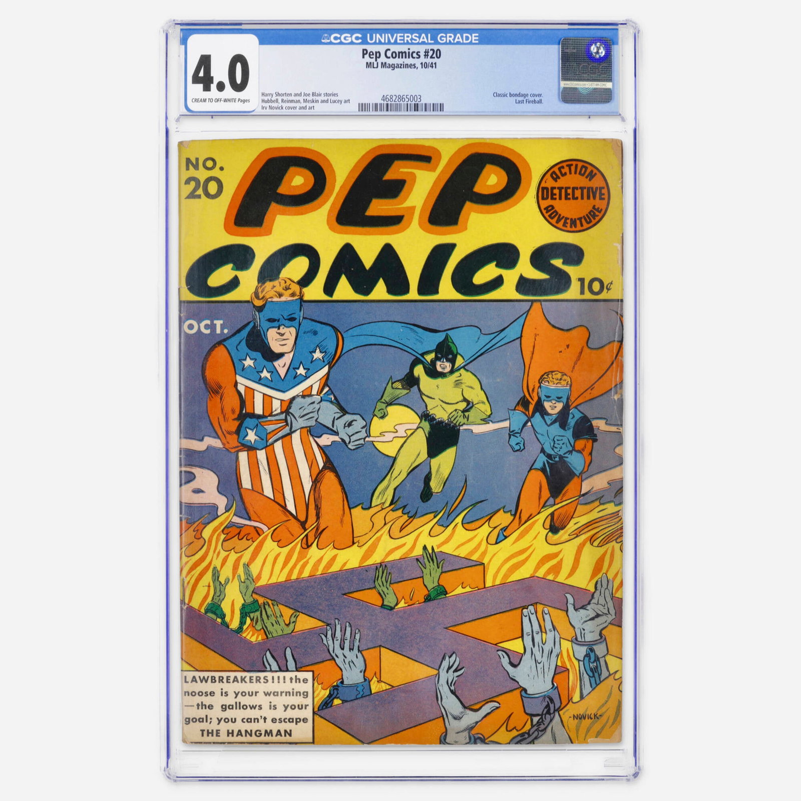 MLJ Magazines Pep Comics #20 CGC 4.0: MLJ Magazines Pep Comics #20 CGC 4.0 USA, 1941 Purchased in the 1960s by our consignor as a young collector, Pep Comics #20 stands as the crown jewel of the Golden Age books from the Dixie Cream