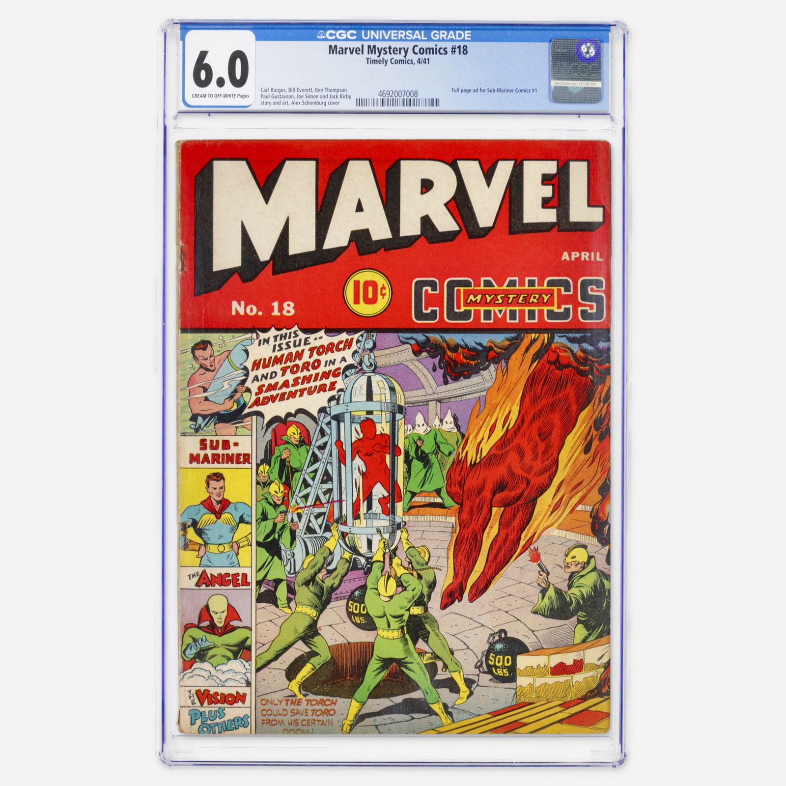 Timely Comics Marvel Mystery Comics #18 CGC 6.0: Timely Comics Marvel Mystery Comics #18 CGC 6.0 USA, 1941 Marvel Mystery Comics #18 features a classic Alex Schomburg cover, capturing the bold wartime style that defined many of Timely's most