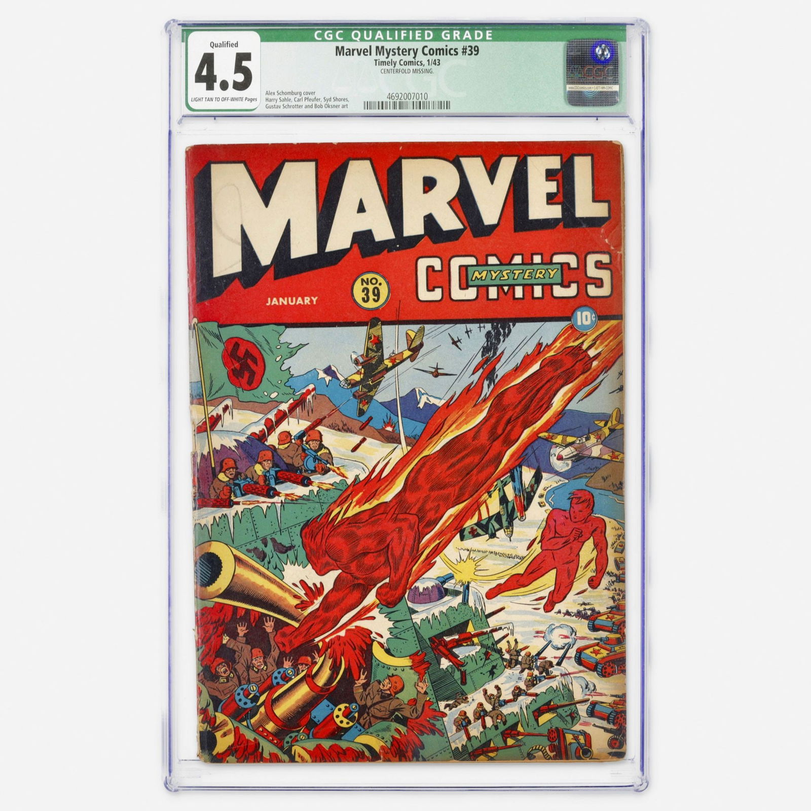 Timely Comics Marvel Mystery Comics #39 CGC 4.5 Qualified: Timely Comics Marvel Mystery Comics #39 CGC 4.5 Qualified USA, 1943 Marvel Mystery Comics #39 features a classic Alex Schomburg cover depicting the Human Torch and Toro battling German forces in a