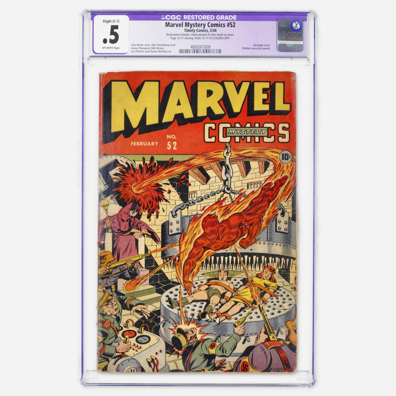 Timely Comics Marvel Mystery Comics #52 CGC 0.5 C-1: Timely Comics Marvel Mystery Comics #52 CGC 0.5 C-1 USA, 1944 Marvel Mystery Comics #52 is known for its iconic Alex Schomburg bondage cover and the controversial interior panel depicting the