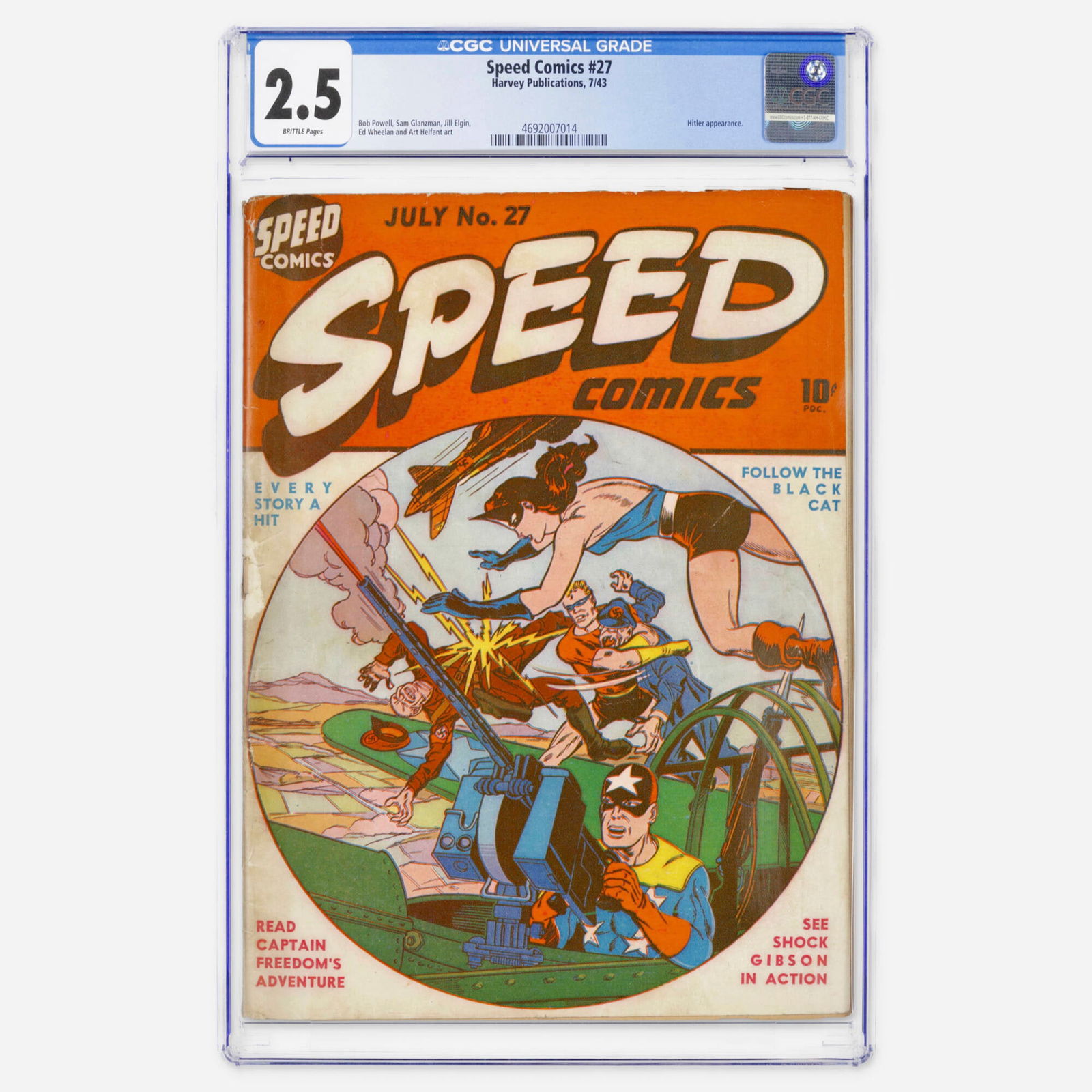 Harvey Publications Speed Comics #27 CGC 2.5: Harvey Publications Speed Comics #27 CGC 2.5 USA, 1943 Speed Comics #27 features an iconic wartime cover showcasing Black Cat, Captain Freedom, and Shock Gibson battling German forces, complete