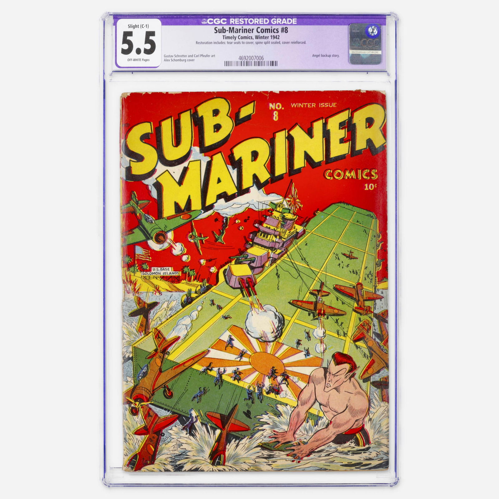 Timely Comics Sub-Mariner Comics #8 CGC 5.5: Timely Comics Sub-Mariner Comics #8 CGC 5.5 USA, 1942 Sub-Mariner Comics #8 features a classic Alex Schomburg cover depicting the Sub Mariner in the Solomon Islands campaign, dramatically sinking