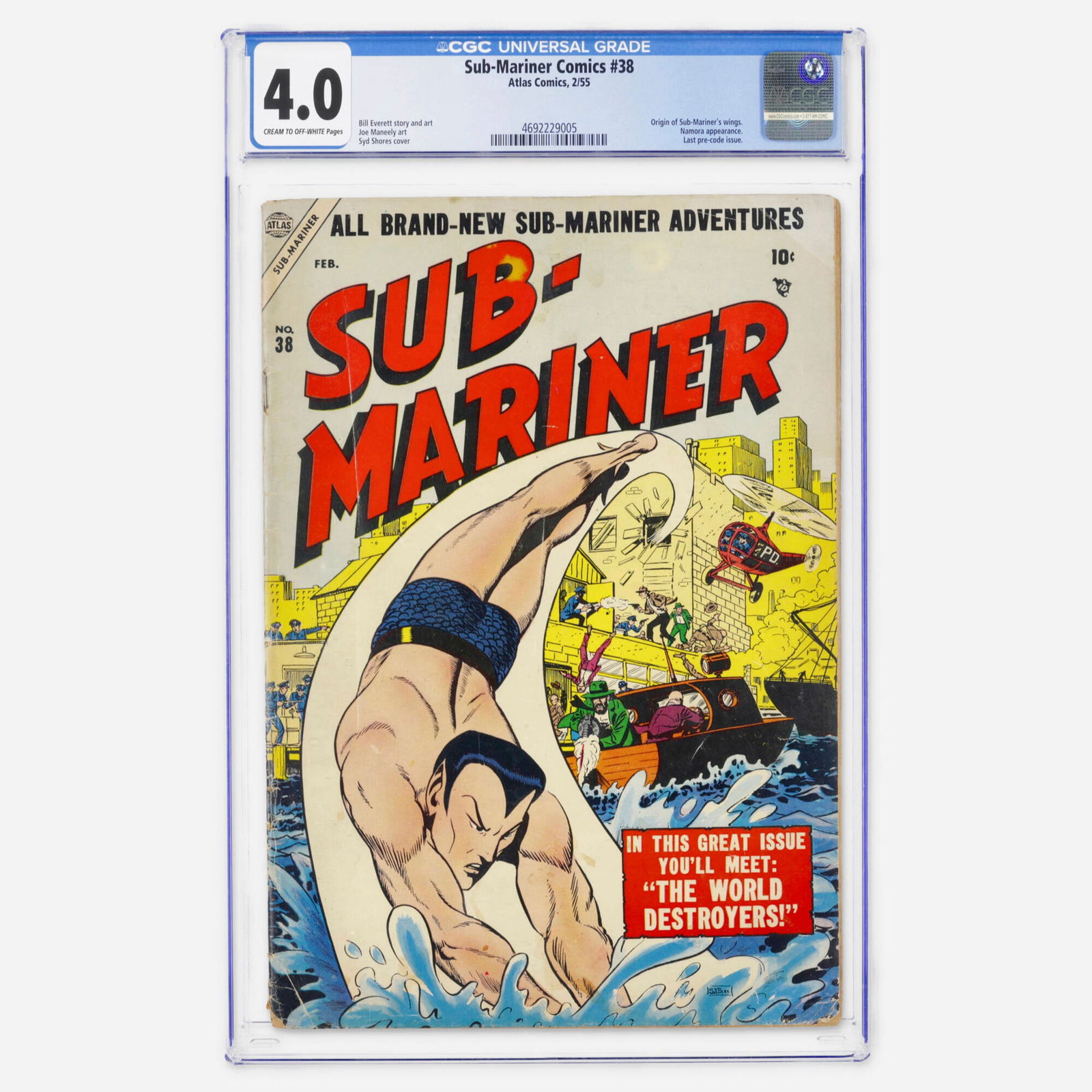 Atlas Comics Sub-Mariner Comics #38 CGC 4.0: Atlas Comics Sub-Mariner Comics #38 CGC 4.0 USA, 1955 Sub-Mariner Comics #38 marks the final Pre-Code issue of the series and notably reveals the origin of the Sub Mariner's wings, an important