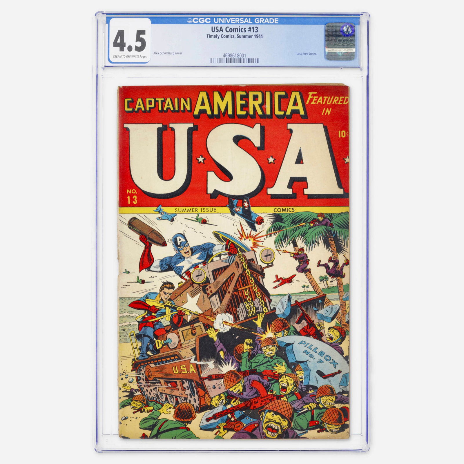 Timely Comics USA Comics #13 CGC 4.5: Timely Comics USA Comics #13 CGC 4.5 USA, 1944 USA Comics #13 features a classic Alex Schomburg cover depicting Captain America and Bucky Barnes battling Japanese forces, a striking example of the