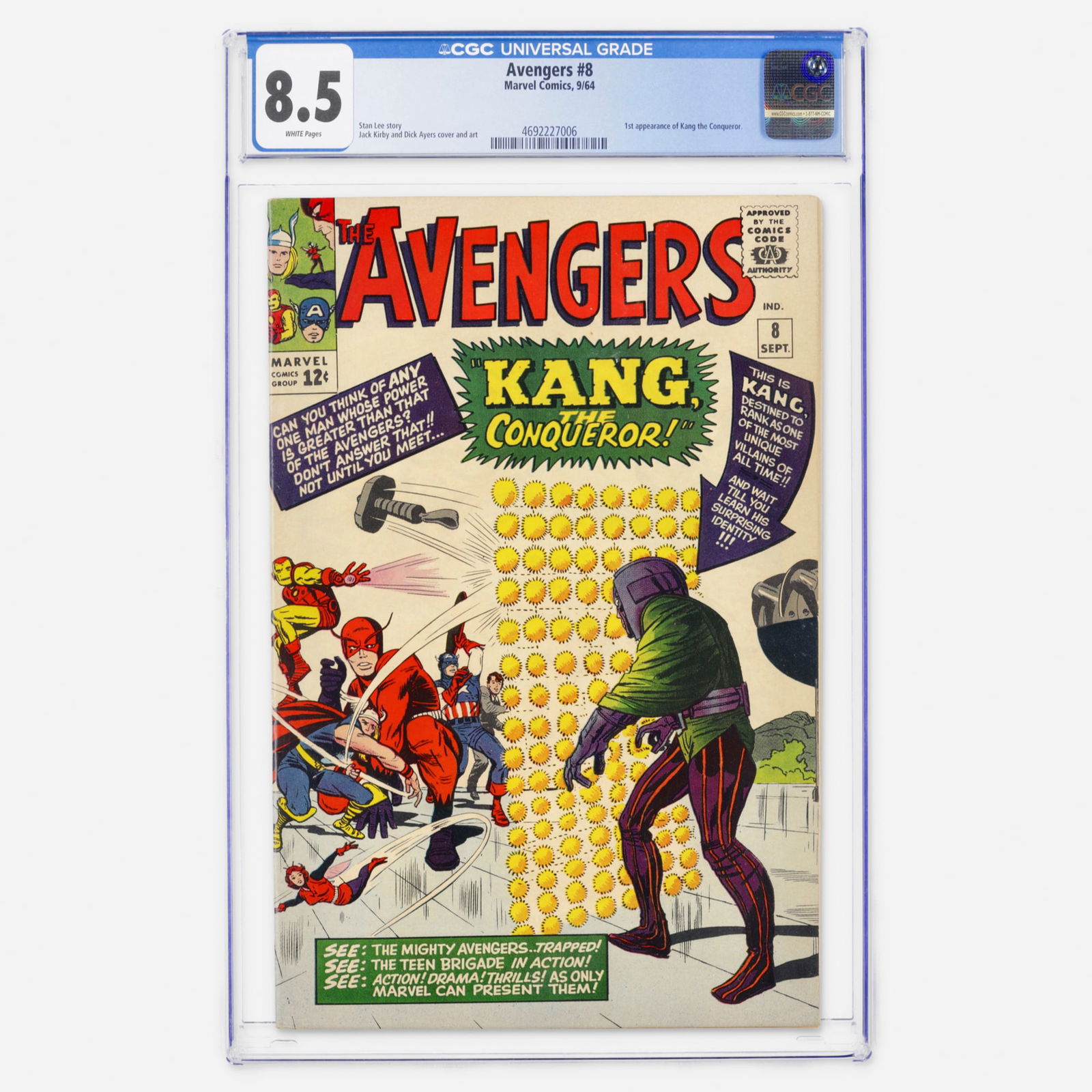 Marvel Comics Avengers #8 CGC 8.5: Marvel Comics Avengers #8 CGC 8.5 USA, 1964 Avengers #8 features the first appearance of Kang the Conqueror, presented here as a beautiful pure White Pages copy. The story is written by Stan Lee