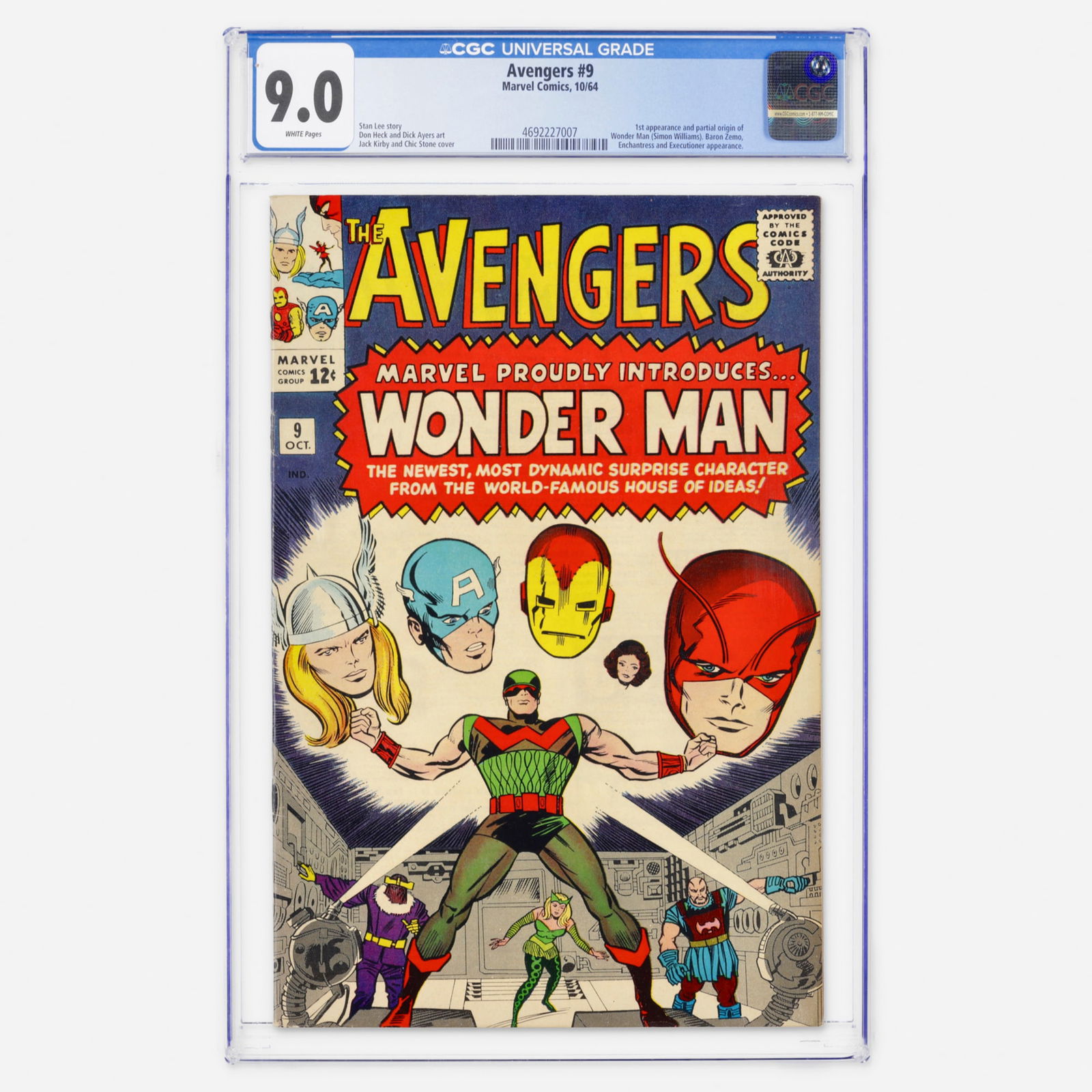 Marvel Comics Avengers #9 CGC 9.0: Marvel Comics Avengers #9 CGC 9.0 USA, 1964 Avengers #9 features the first appearance and partial origin of Wonder Man, along with appearances by Baron Zemo, the Enchantress, and the Executioner.