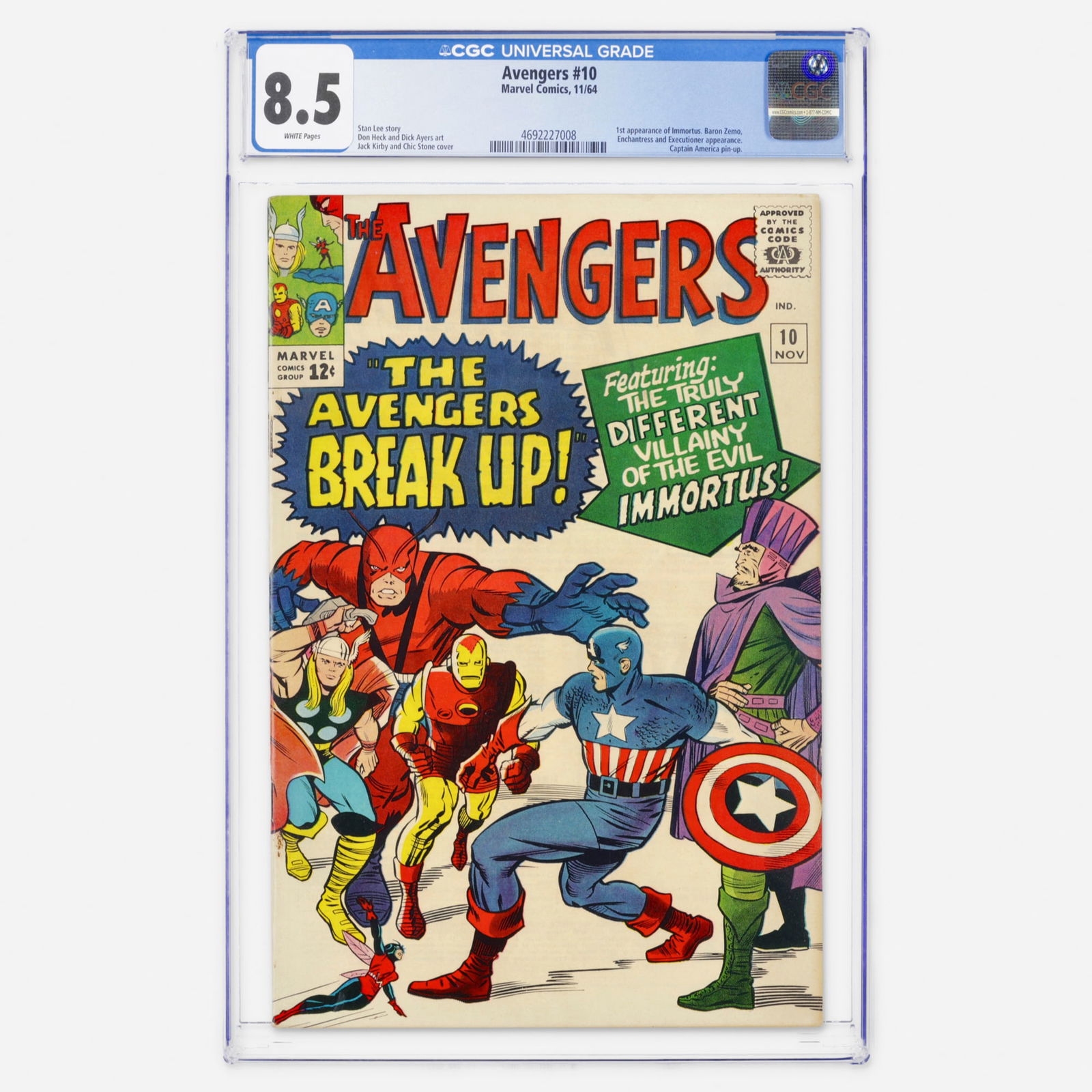 Marvel Comics Avengers #10 CGC 8.5: Marvel Comics Avengers #10 CGC 8.5 USA, 1964 Avengers #10 features the first appearance of Immortus, along with appearances by Baron Zemo, the Enchantress, and the Executioner, and includes a