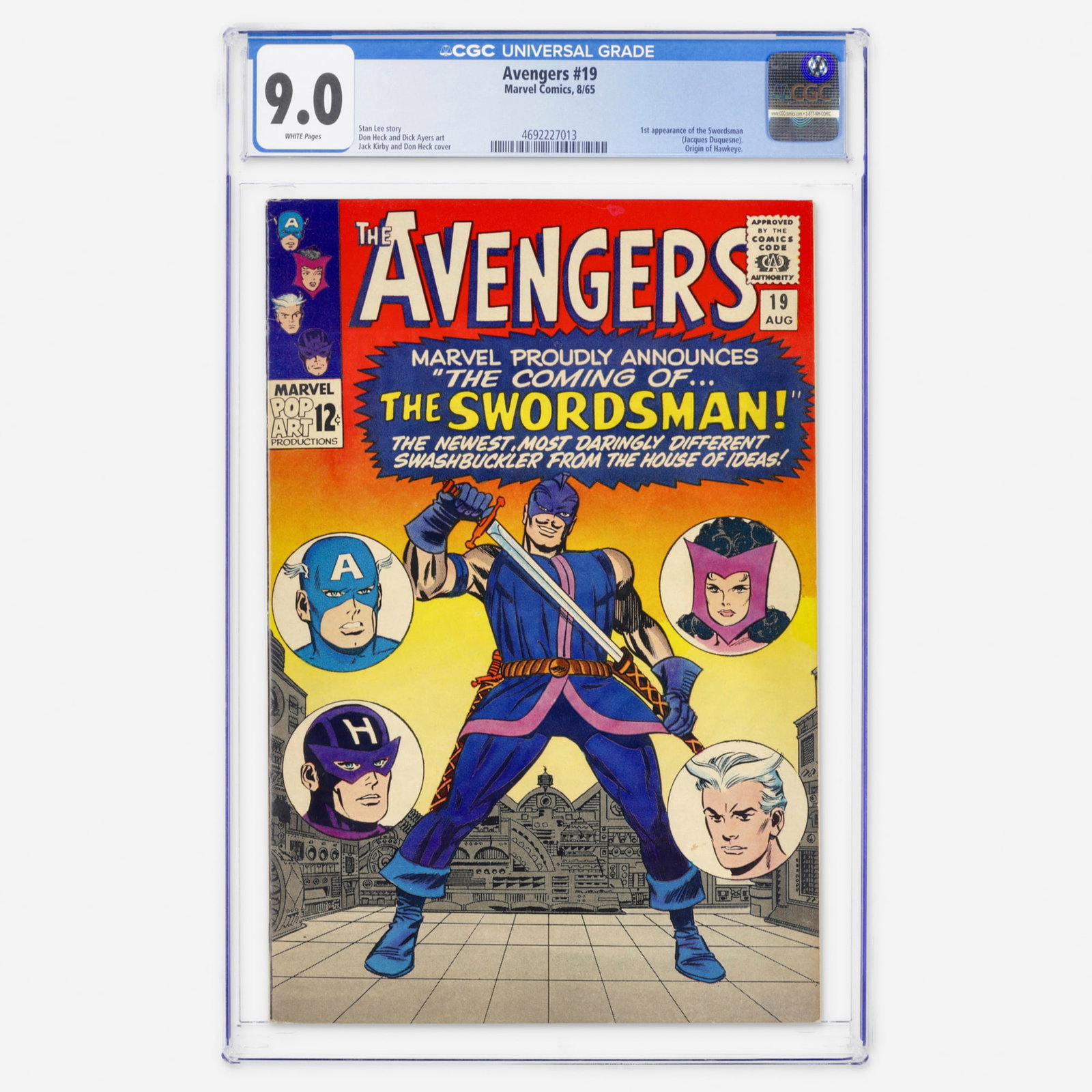 Marvel Comics Avengers #19 CGC 9.0: Marvel Comics Avengers #19 CGC 9.0 USA, 1965 Avengers #19 features the first appearance of the Swordsman and the origin of Hawkeye. Presented here as a beautiful high grade example with pure White