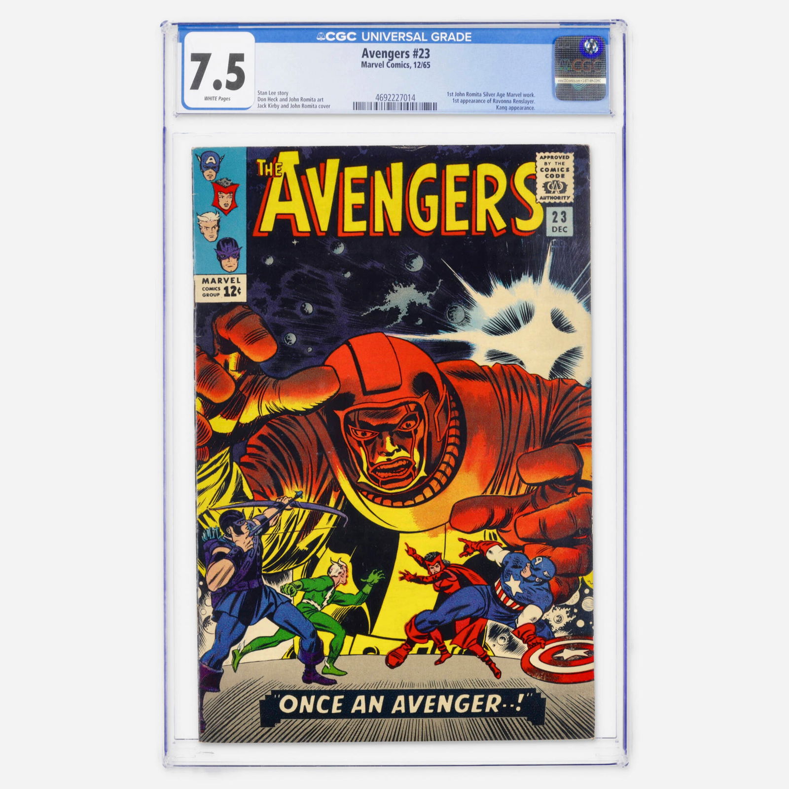 Marvel Comics Avengers #23 CGC 7.5: Marvel Comics Avengers #23 CGC 7.5 USA, 1965 Avengers #23 features the first Silver Age Marvel work by John Romita, presented here as a beautiful pure White Pages copy, along with the first