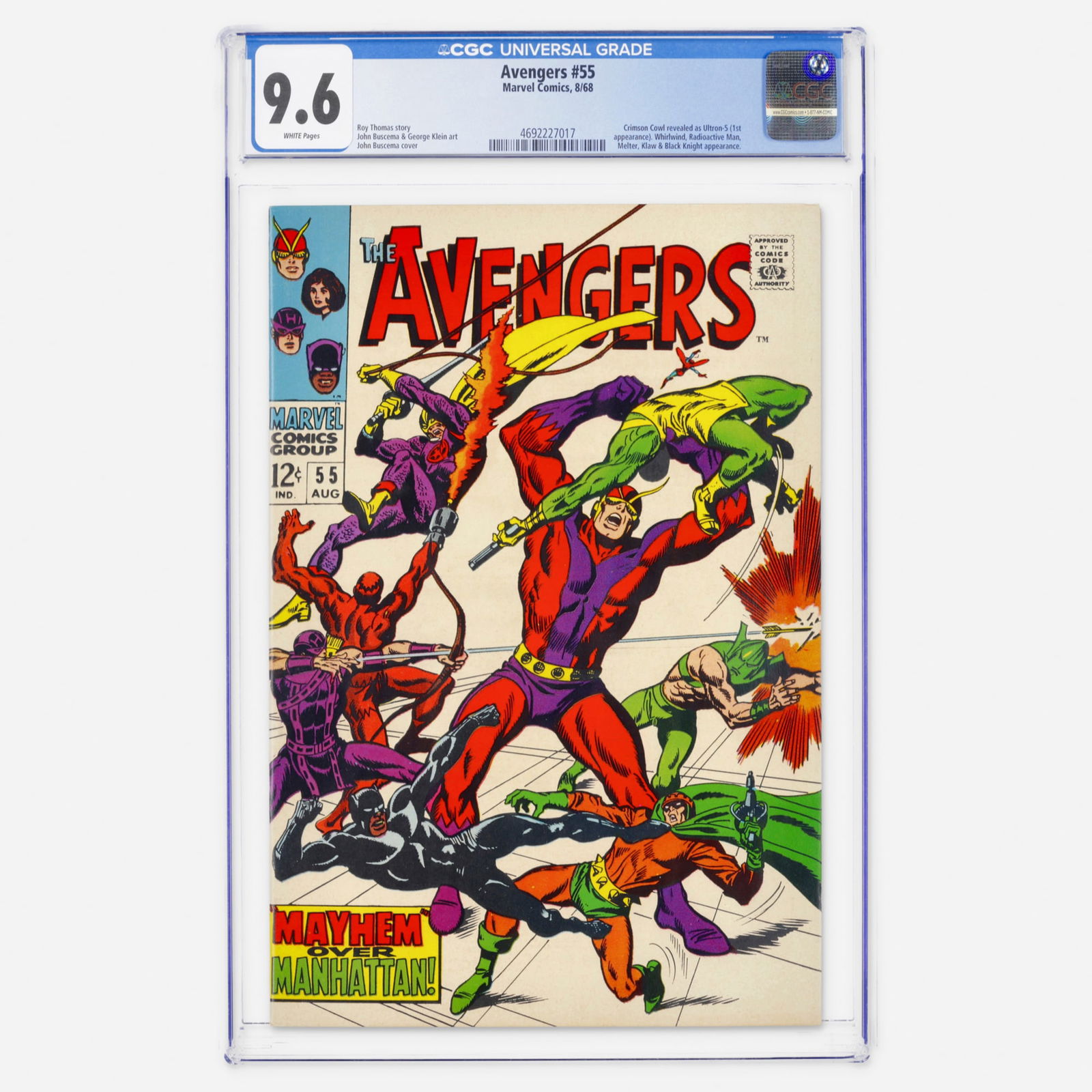 Marvel Comics Avengers #55 CGC 9.6: Marvel Comics Avengers #55 CGC 9.6 USA, 1968 Avengers #55 features the reveal of the Crimson Cowl as Ultron-5, marking the first appearance of Ultron, along with appearances by Whirlwind,