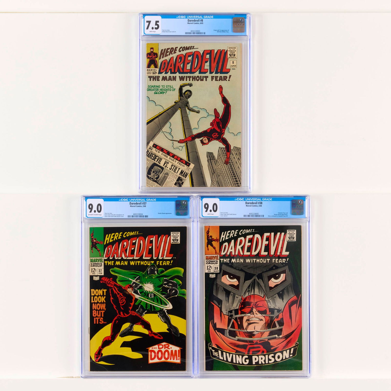3 Marvel Comics Daredevil #8, #37 and #38 CGC Group: 3 Marvel Comics Daredevil #8, #37 and #38 CGC Group USA, 20th Century Marvel Comics Daredevil #8 CGC 7.5 (6/65) CGC#: 4692228003Population: 132 in 7.5, 499 higher <