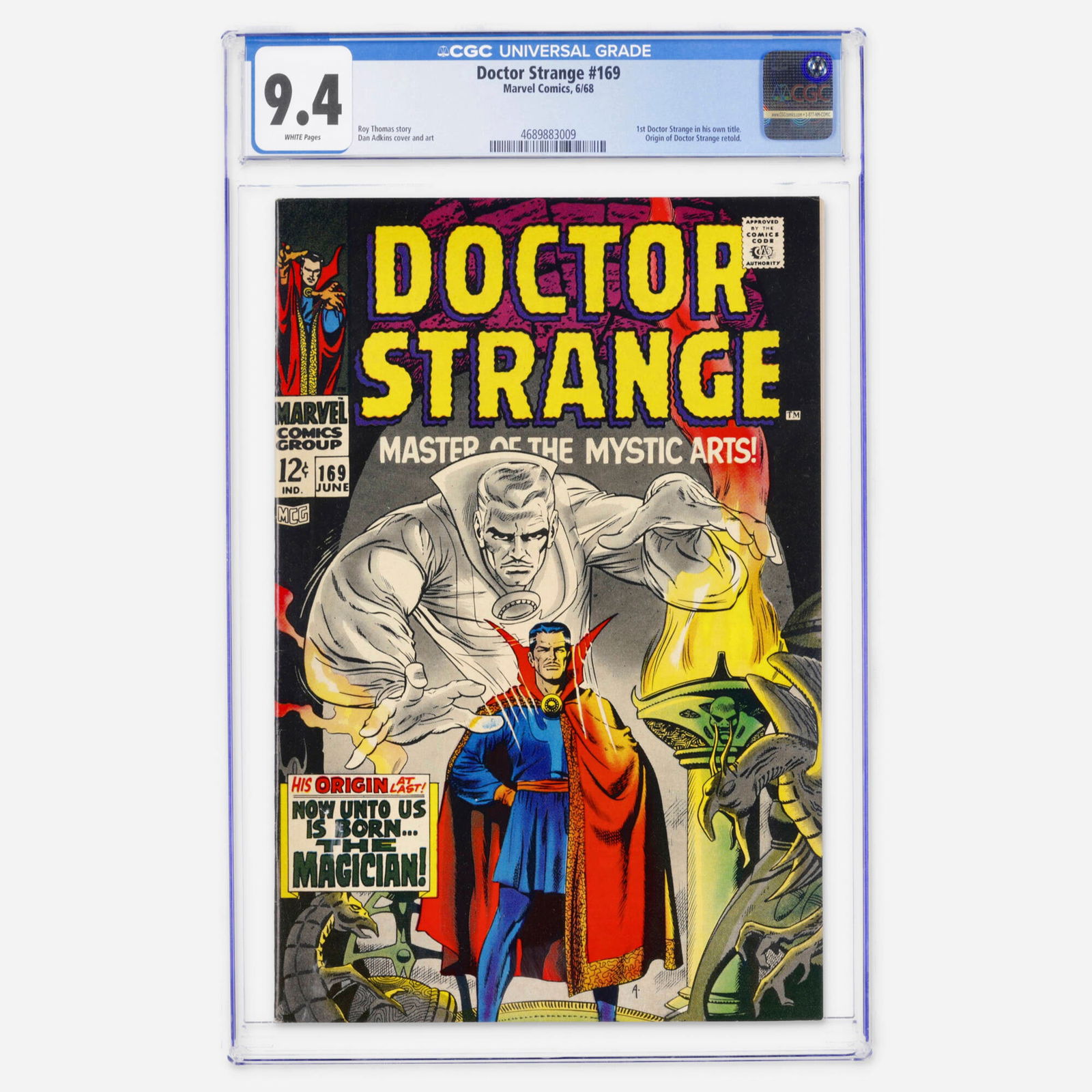 Marvel Comics Doctor Strange #169 CGC 9.4: Marvel Comics Doctor Strange #169 CGC 9.4 USA, 1968 Doctor Strange #169 presented here as a beautiful high grade example with pure white pages, featuring the first appearance of Doctor Strange in