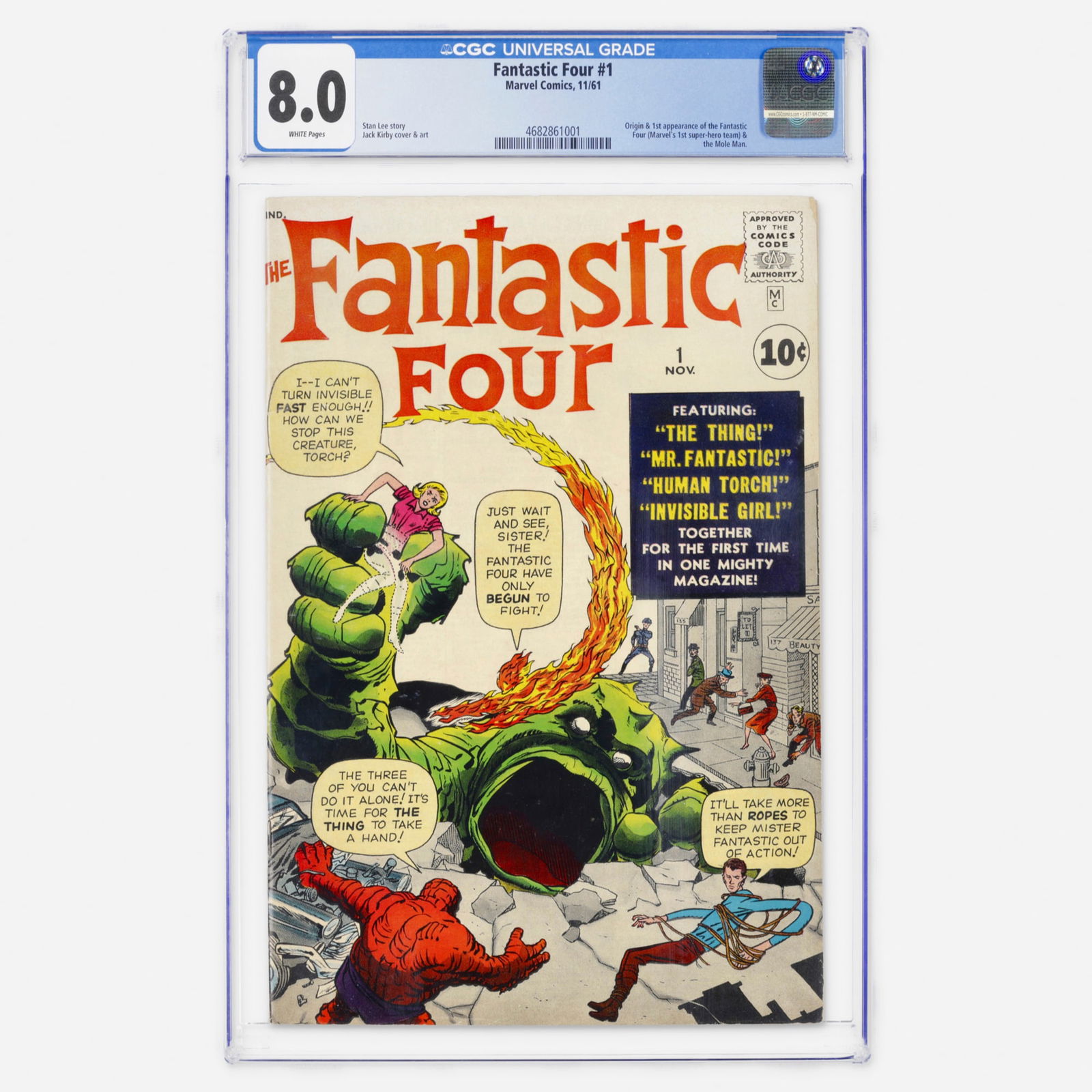 Marvel Comics Fantastic Four #1 CGC 8.0: Marvel Comics Fantastic Four #1 CGC 8.0 USA, 1961 Purchased new off the newsstand in November, 1961 by our consignor, using money earned selling Dixie Cream donuts, the very brand that would go on