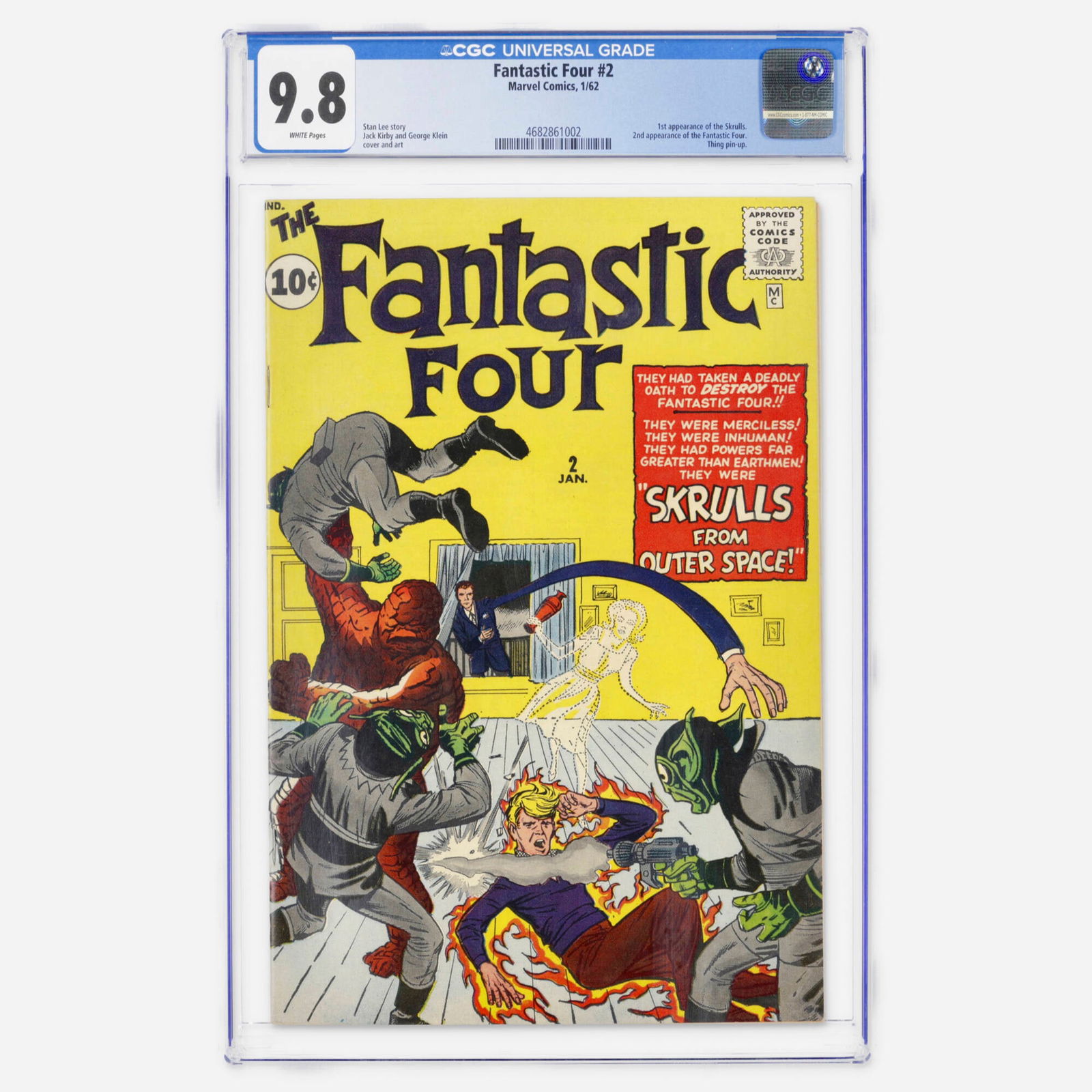 Marvel Comics Fantastic Four #2 CGC 9.8: Marvel Comics Fantastic Four #2 CGC 9.8 USA, 1962 Purchased new by our consignor in January, 1962 and graded more than 64 years later, the Dixie Cream copy of Fantastic Four #2 has emerged as just