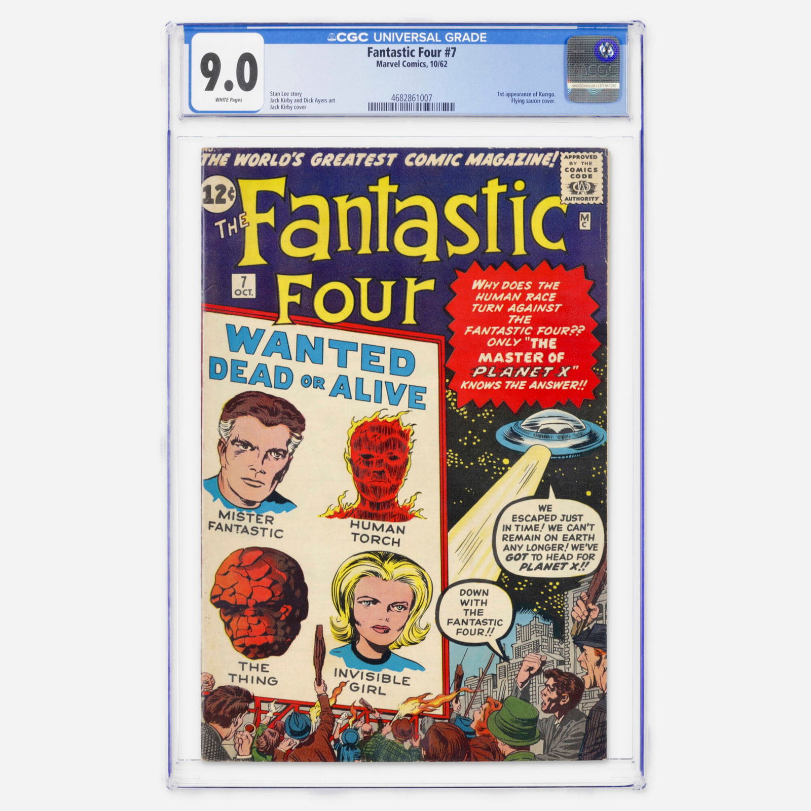 Marvel Comics Fantastic Four #7 CGC 9.0: Marvel Comics Fantastic Four #7 CGC 9.0 USA, 1962 Fantastic Four #7 featuring the first appearance of Kurrgo and an iconic flying saucer cover by Jack Kirby that perfectly captures the early