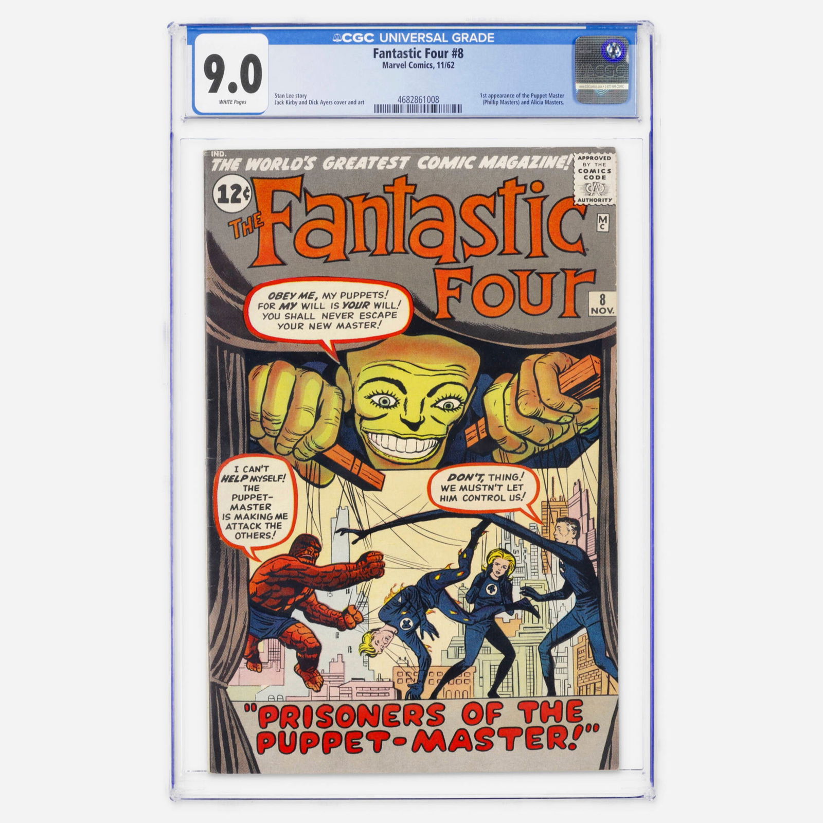 Marvel Comics Fantastic Four #8 CGC 9.0: Marvel Comics Fantastic Four #8 CGC 9.0 USA, 1962 Fantastic Four #8 featuring the first appearances of the Puppet Master and Alicia Masters. Stan Lee story with art and cover by Jack Kirby and