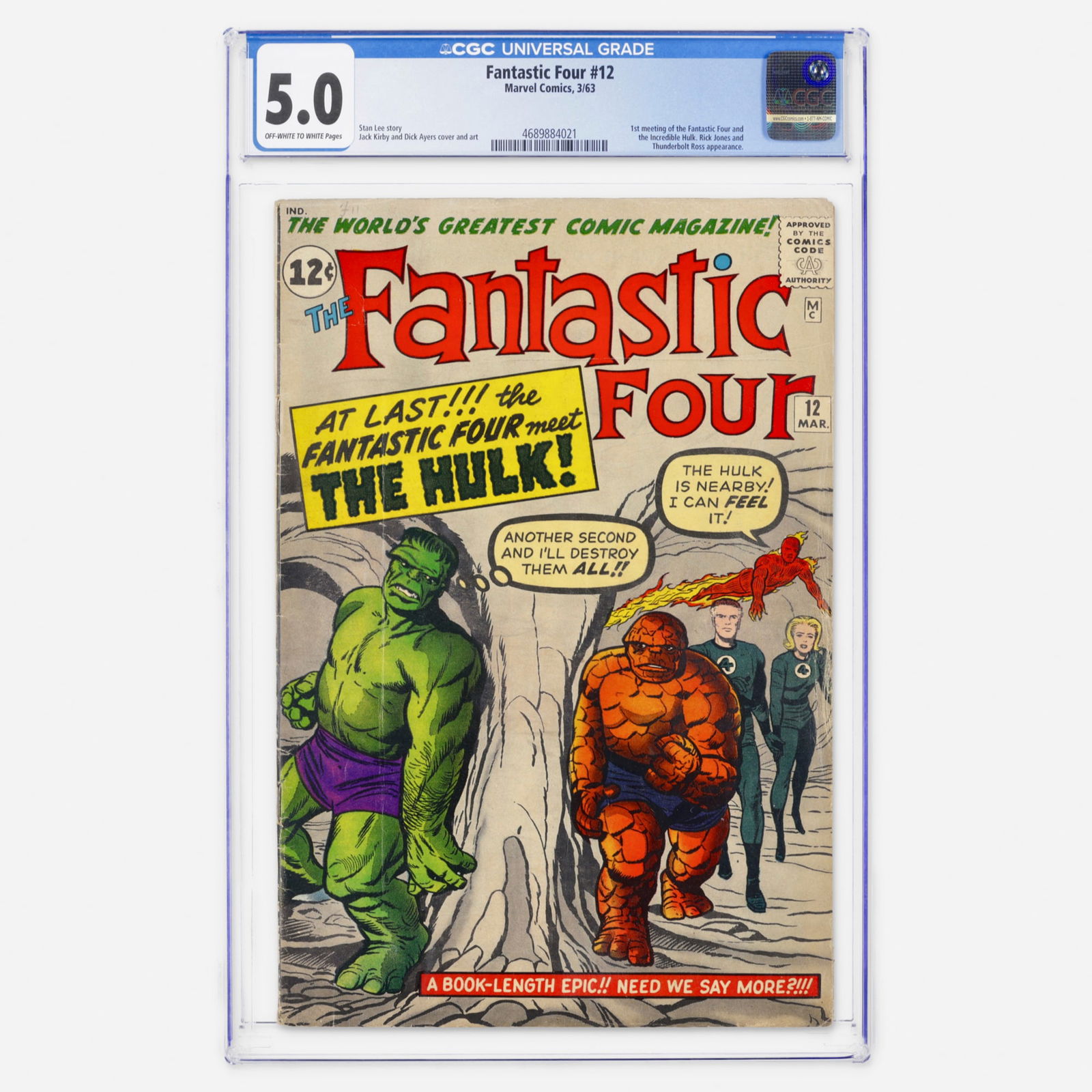 Marvel Comics Fantastic Four #12 CGC 5.0: Marvel Comics Fantastic Four #12 CGC 5.0 USA, 1963 Fantastic Four #12 featuring the historic first meeting between the Fantastic Four and the Incredible Hulk, a landmark crossover moment in the