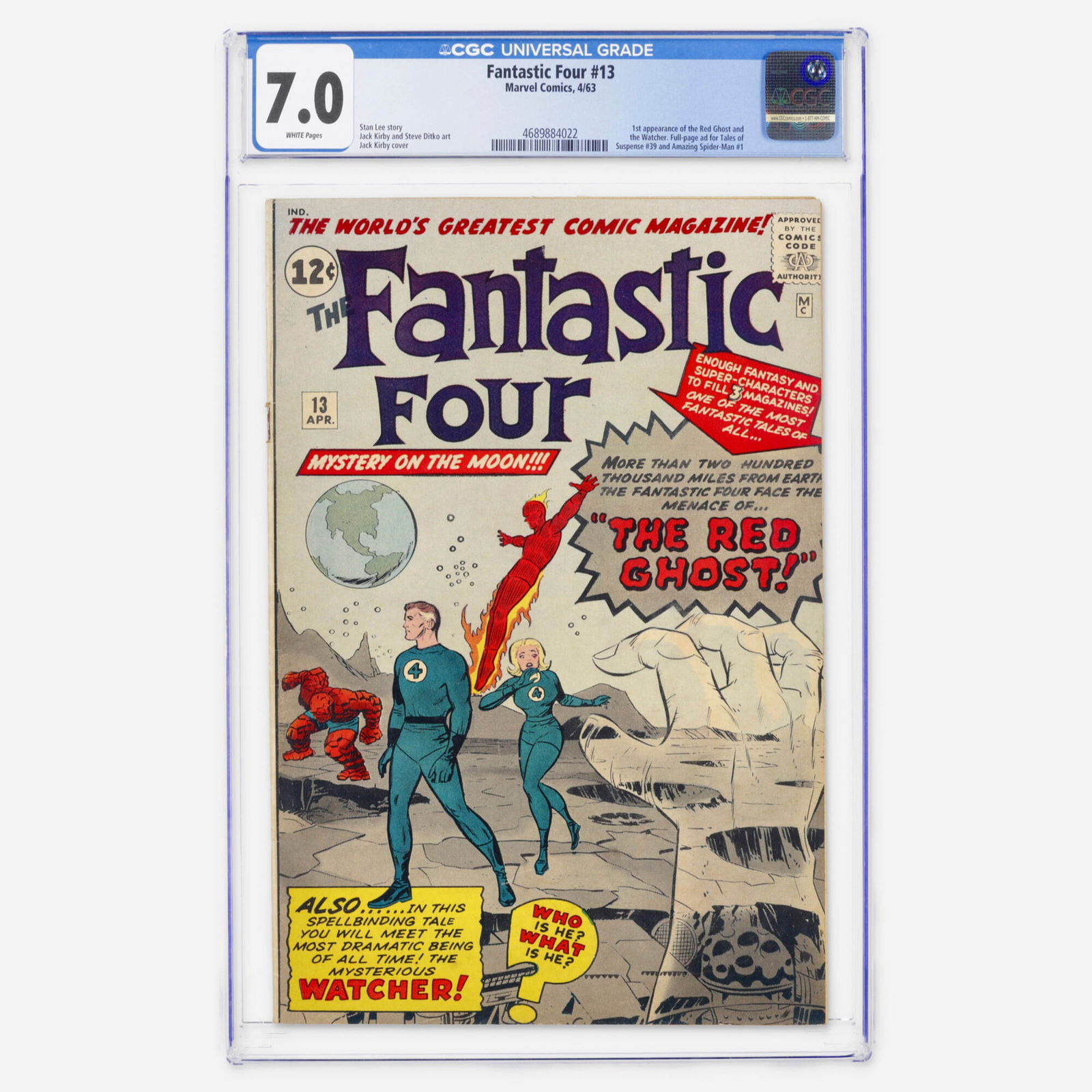 Marvel Comics Fantastic Four #13 CGC 7.0: Marvel Comics Fantastic Four #13 CGC 7.0 USA, 1963 Fantastic Four #13 featuring the first appearances of the Red Ghost and the Watcher, along with a full page ad for Tales of Suspense #39 and Amazing