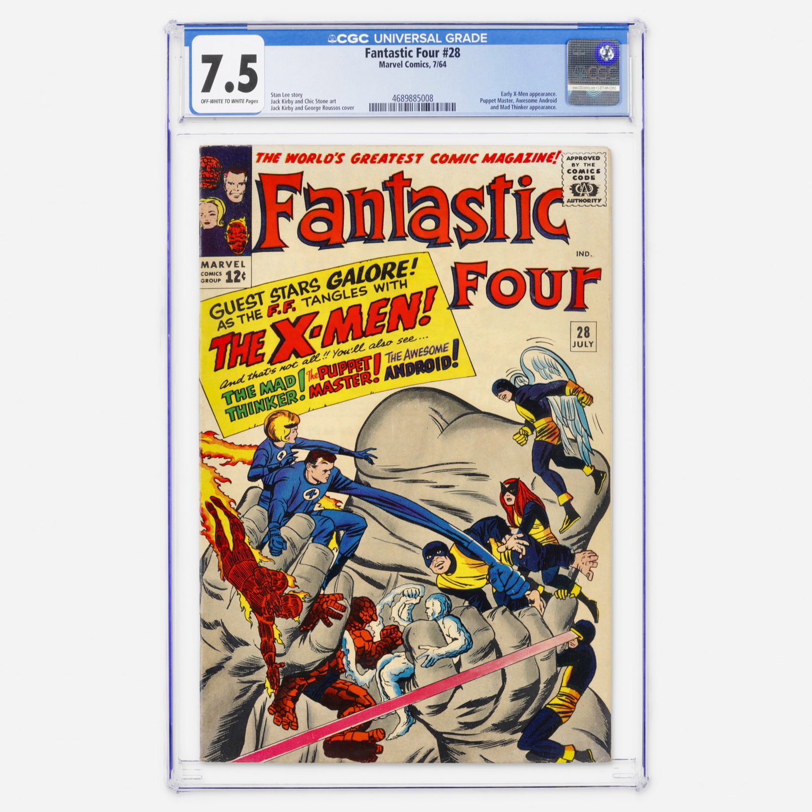 Marvel Comics Fantastic Four #28 CGC 7.5: Marvel Comics Fantastic Four #28 CGC 7.5 USA, 1964 Fantastic Four #28 featuring an early X-Men appearance along with appearances by the Puppet Master, Awesome Android, and the Mad Thinker. Stan Lee st