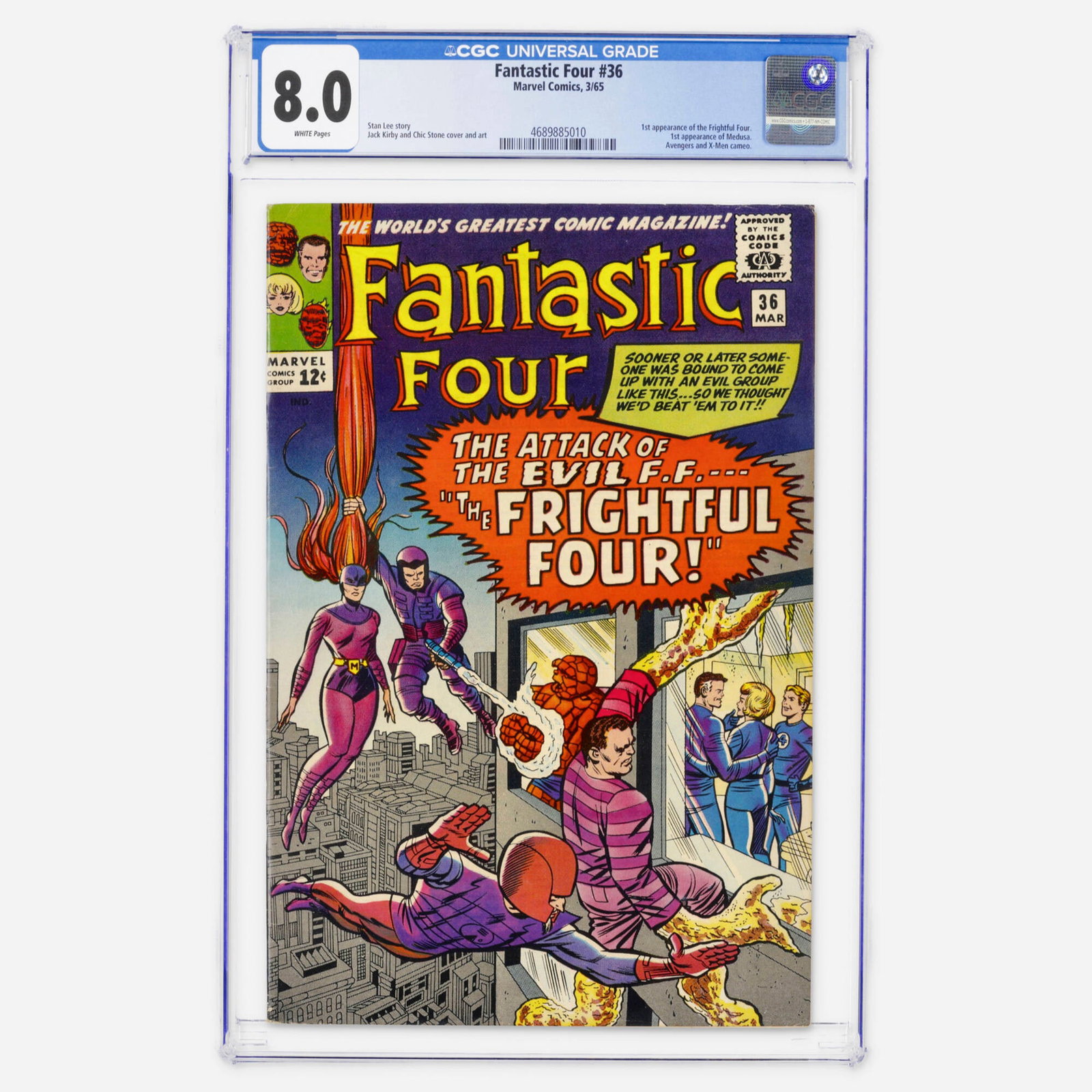Marvel Comics Fantastic Four #36 CGC 8.0: Marvel Comics Fantastic Four #36 CGC 8.0 USA, 1965 Fantastic Four #36 featuring the first appearances of the Frightful Four and Medusa, along with Avengers and X-Men cameo appearances. Stan Lee story