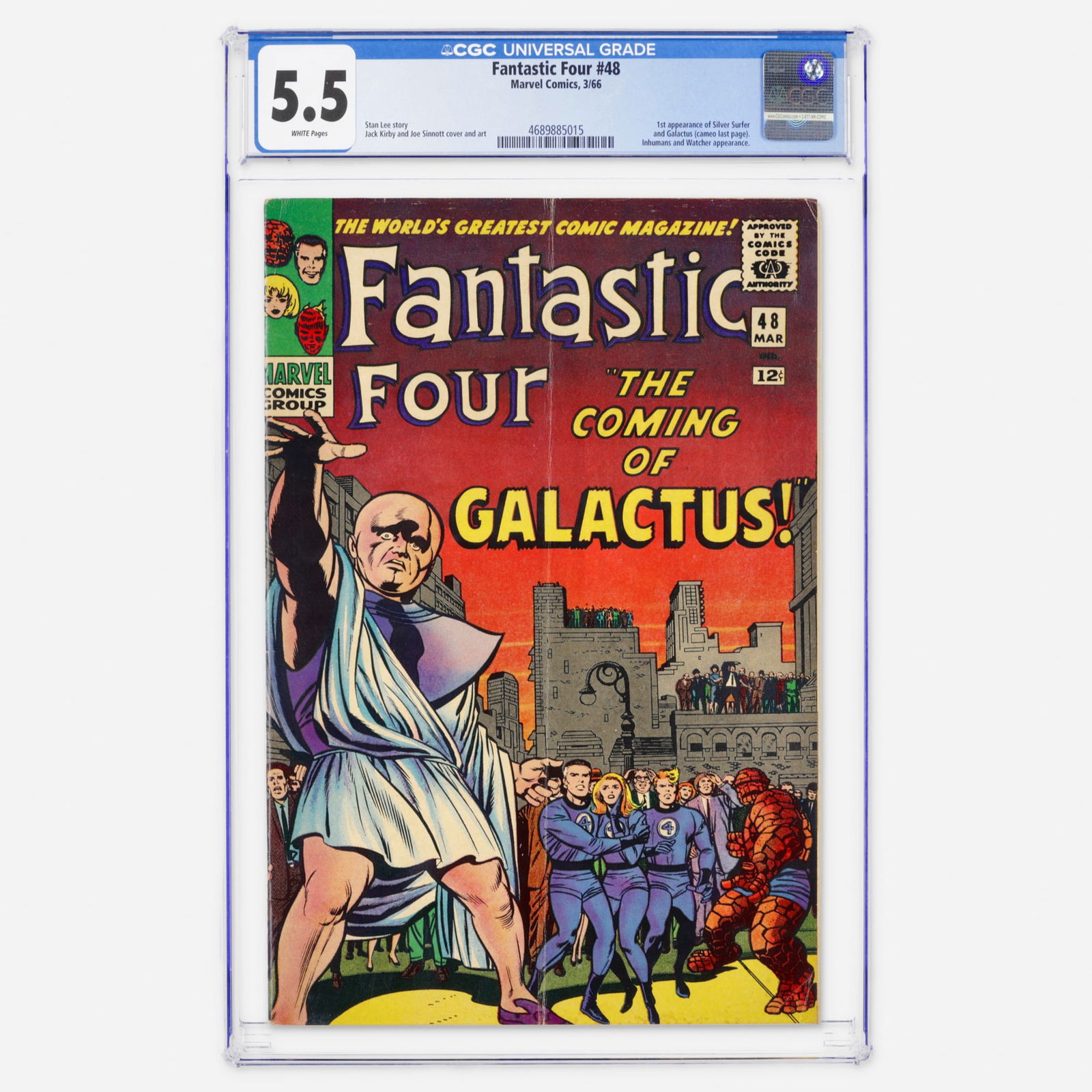 Marvel Comics Fantastic Four #48 CGC 5.5: Marvel Comics Fantastic Four #48 CGC 5.5 USA, 1966 Fantastic Four #48 marks the first appearance of the Silver Surfer and Galactus, both in cameo on the final page, along with appearances by the Inhum