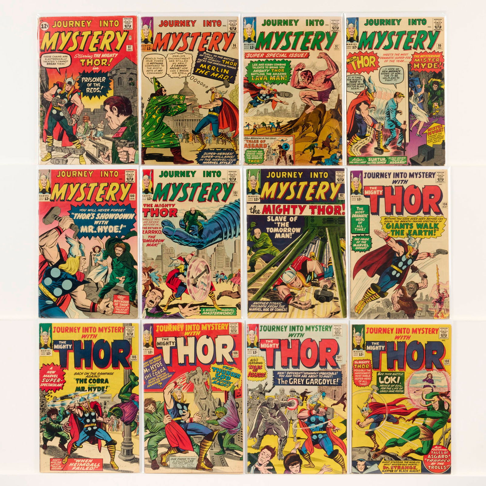 15 Marvel Comics Journey into Mystery #87-#111 Group: 15 Marvel Comics Journey into Mystery #87-#111 Group USA, 20th Century Group includes:Marvel Comics Journey into Mystery #87 (1.0-2.0), #96, #97, #99-#102, #104-#111 (Grades range 3.0-6.0). This