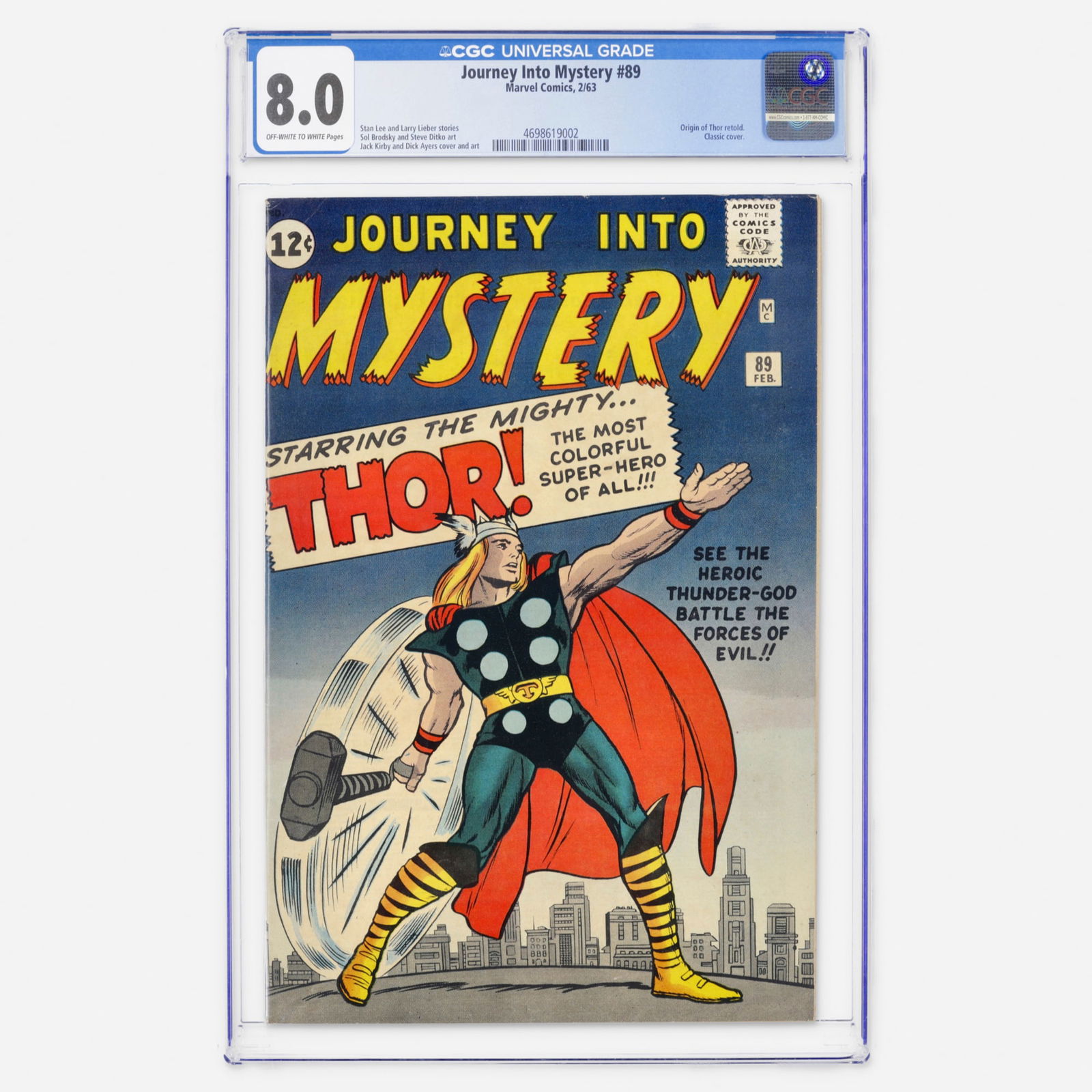 Marvel Comics Journey Into Mystery #89 CGC 8.0: Marvel Comics Journey Into Mystery #89 CGC 8.0 USA, 1963 This Silver Age classic features a retold origin of Thor and a highly regarded classic cover. Stan Lee, Larry Lieber, Jack Kirby, Dick