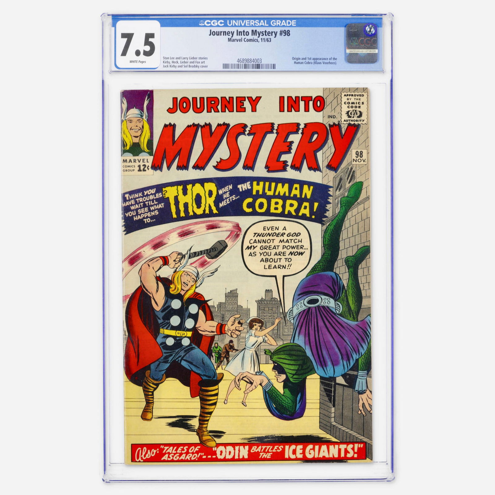 Marvel Comics Journey Into Mystery #98 CGC 7.5: Marvel Comics Journey Into Mystery #98 CGC 7.5 USA, 1963 This Silver Age selection showcases the origin and first appearance of the Human Cobra (Klaus Voorhees). The issue features stories by Stan Lee