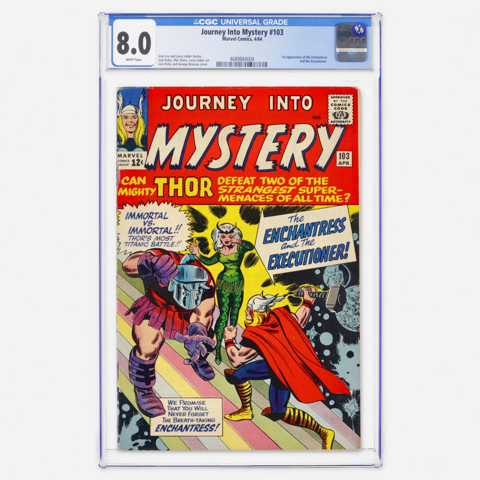 Marvel Comics Journey Into Mystery #103 CGC 8.0: Marvel Comics Journey Into Mystery #103 CGC 8.0 USA, 1964 The first appearance of the Enchantress and the Executioner occurs in this Silver Age milestone. Stan Lee and Larry Lieber wrote the