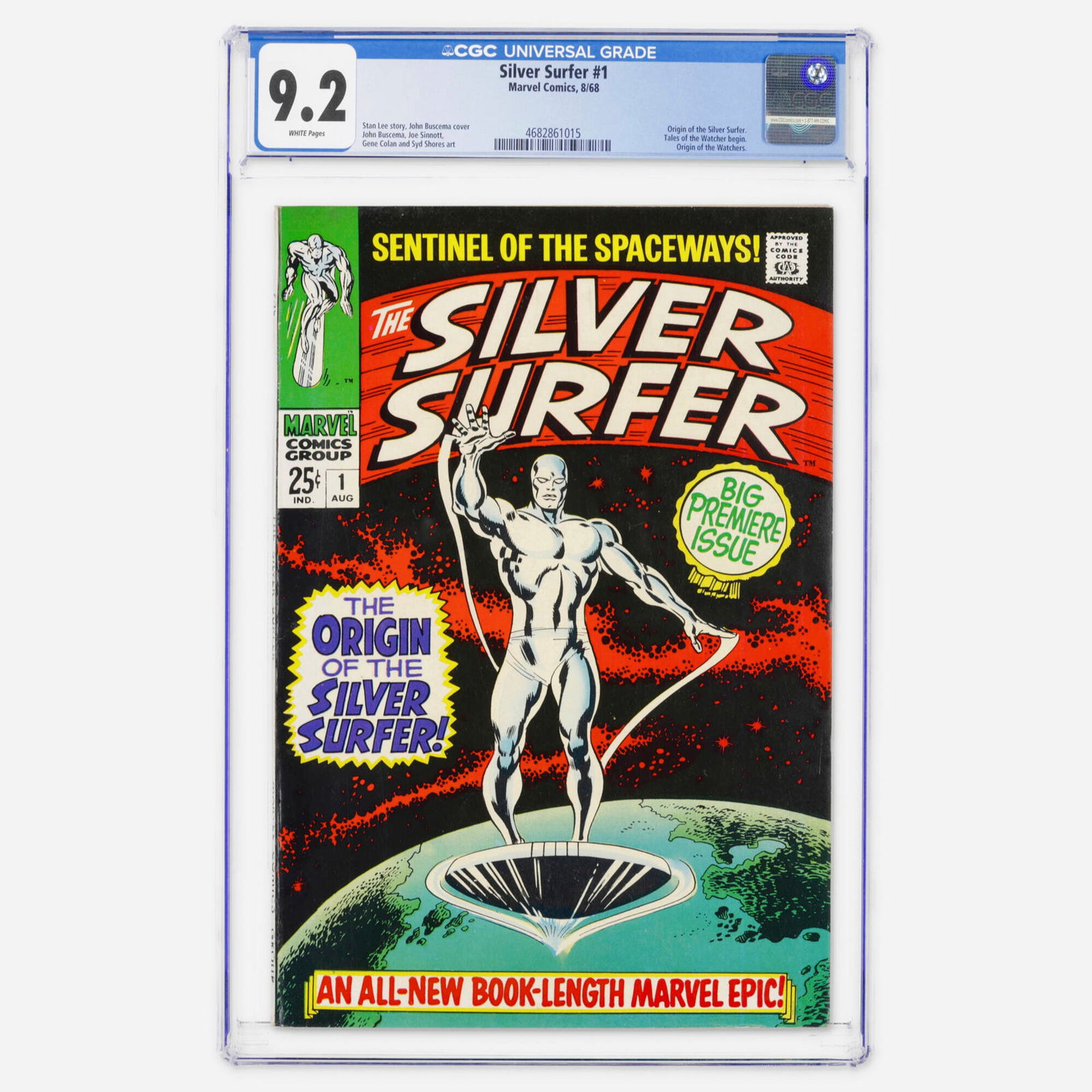 Marvel Comics Silver Surfer #1 CGC 9.2: Marvel Comics Silver Surfer #1 CGC 9.2 USA, 1968 Silver Surfer #1 features the origin of the Silver Surfer, the beginning of Tales of the Watcher, and the origin of the Watchers. Stan Lee story