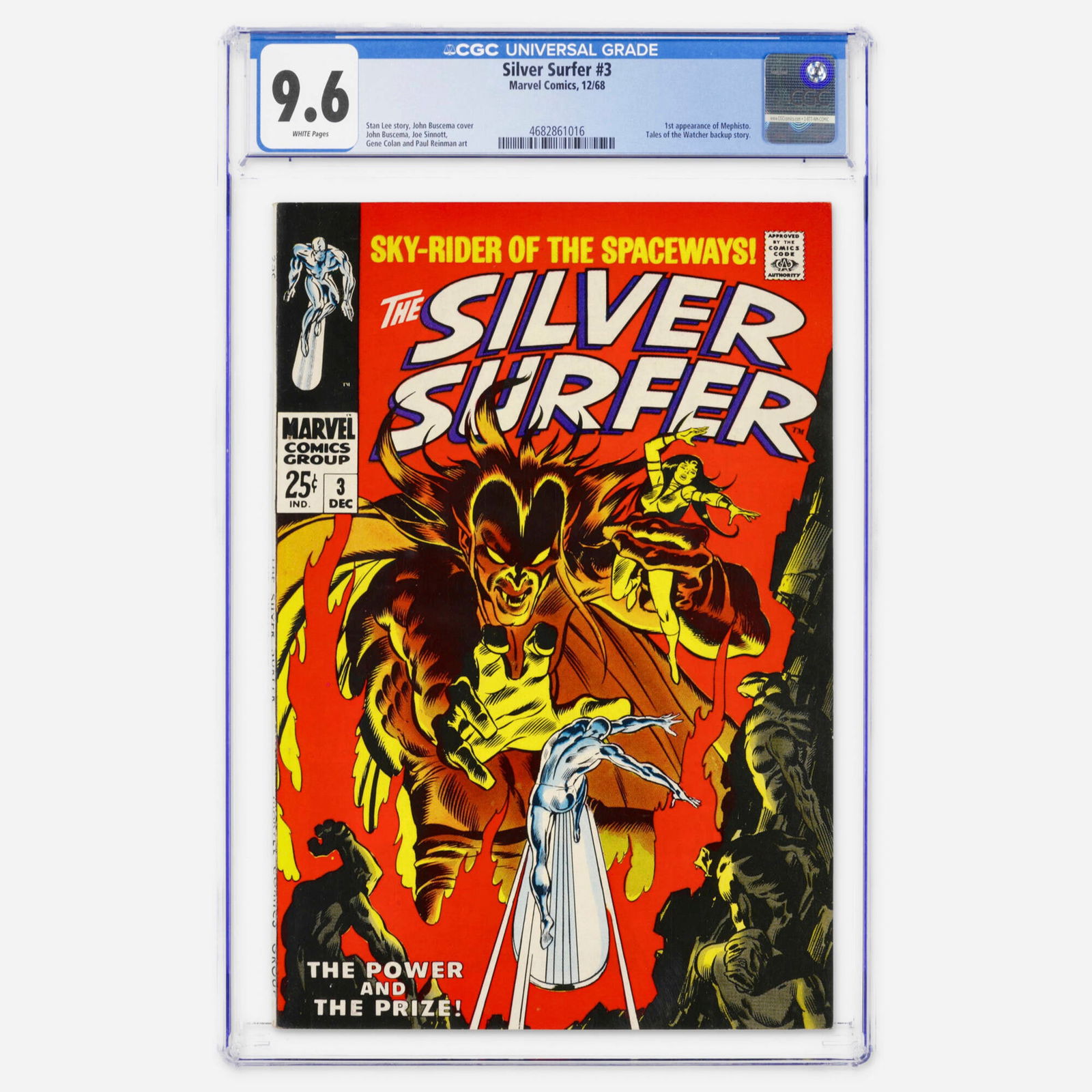 Marvel Comics Silver Surfer #3 CGC 9.6: Marvel Comics Silver Surfer #3 CGC 9.6 USA, 1968 Silver Surfer #3 features the first appearance of Mephisto, along with a Tales of the Watcher backup story. Stan Lee story with interior art by