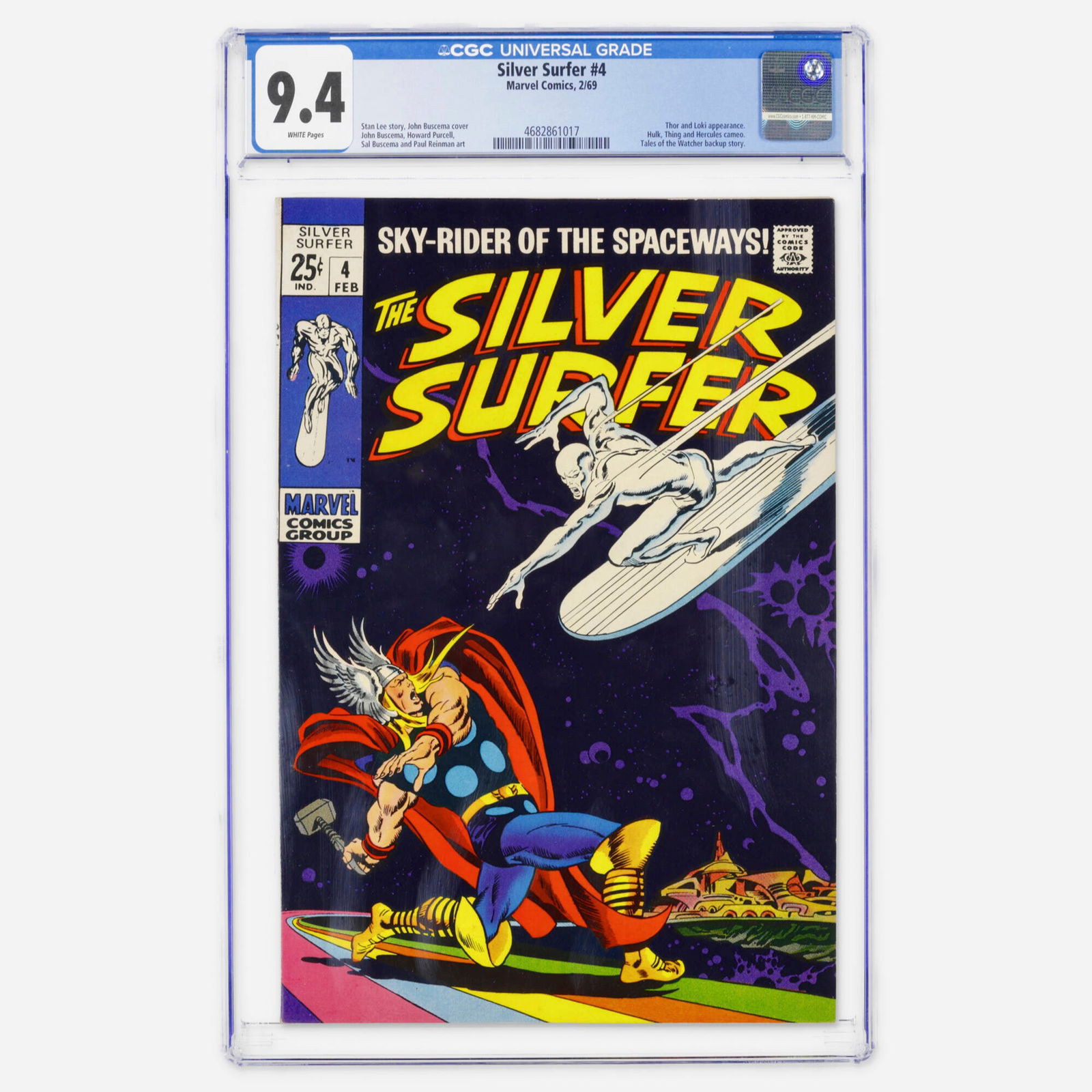 Marvel Comics Silver Surfer #4 CGC 9.4: Marvel Comics Silver Surfer #4 CGC 9.4 USA, 1969 A Silver Age classic known for its iconic cover by John Buscema, this issue showcases a dramatic showdown between Silver Surfer and Thor. Often cited a