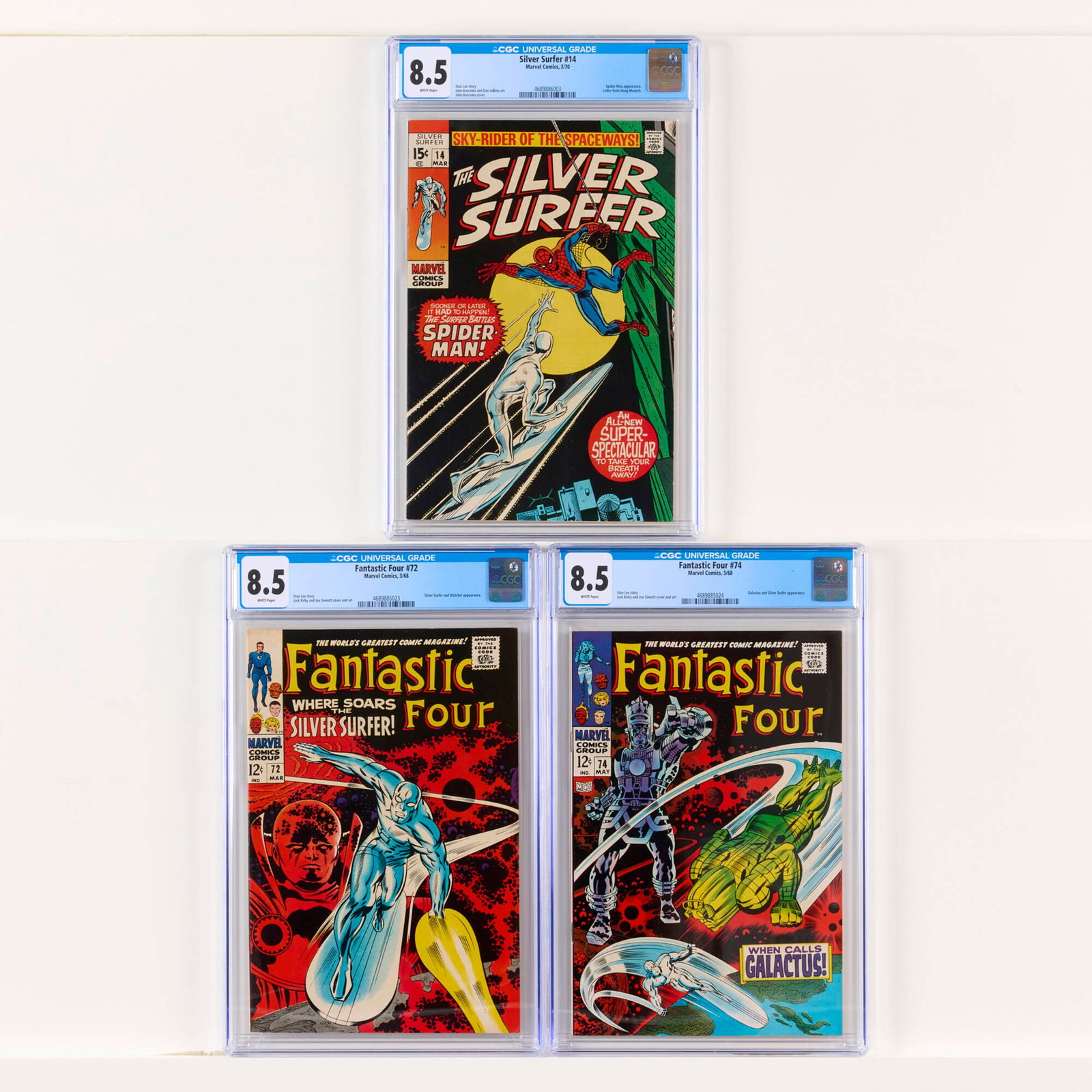 3 Marvel Comics Fantastic Four and Silver Surfer CGC 8.5 Group: 3 Marvel Comics Fantastic Four and Silver Surfer CGC 8.5 Group USA, 20th Century Marvel Comics Fantastic Four #72 CGC 8.5 (3/68) CGC#: 4689885023Population: 215 in 8.5