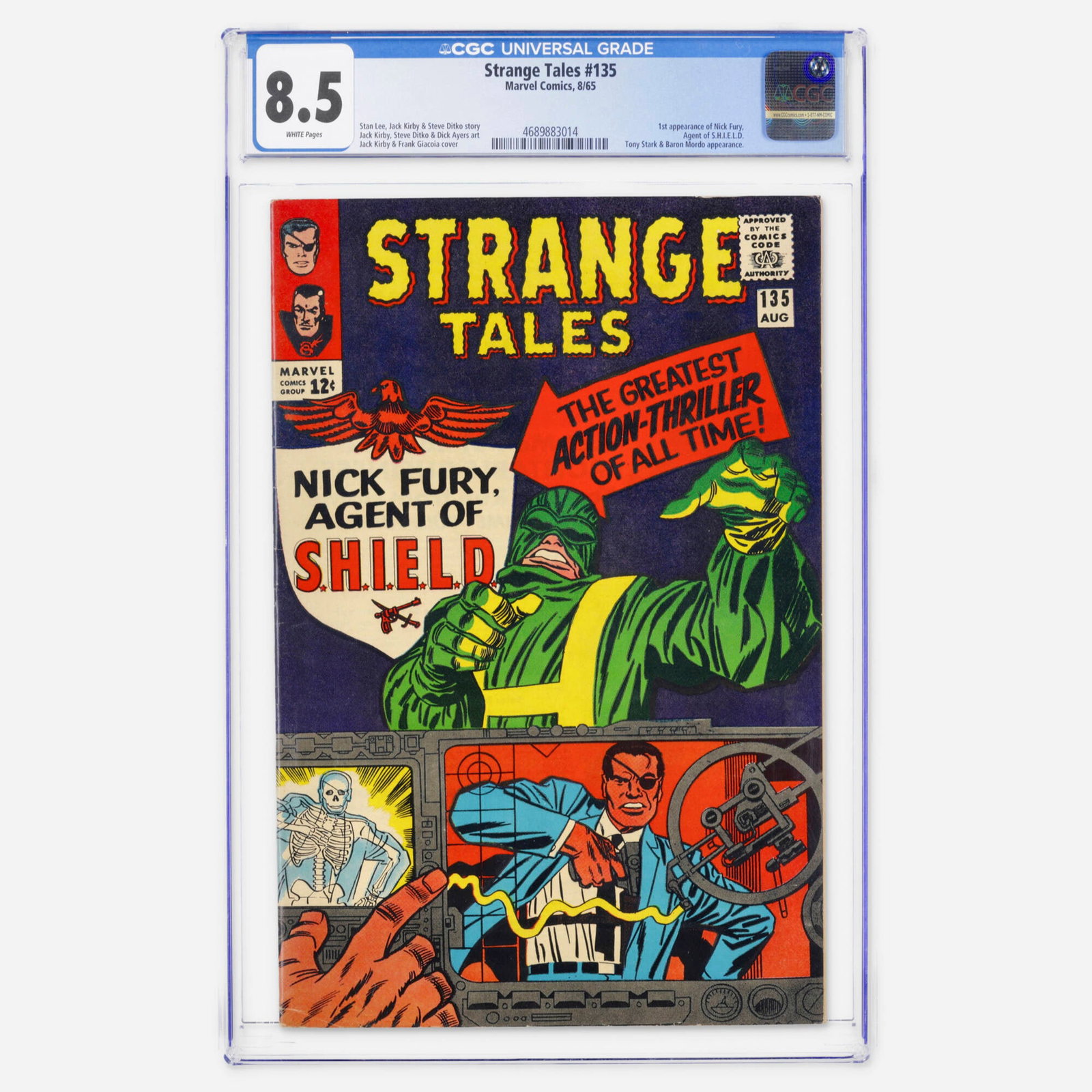 Marvel Comics Strange Tales #135 CGC 8.5: Marvel Comics Strange Tales #135 CGC 8.5 USA, 1965 Witness the first appearance of Nick Fury, Agent of S.H.I.E.L.D. in this Silver Age landmark. Stan Lee, Jack Kirby, and Steve Ditko collaborated on t