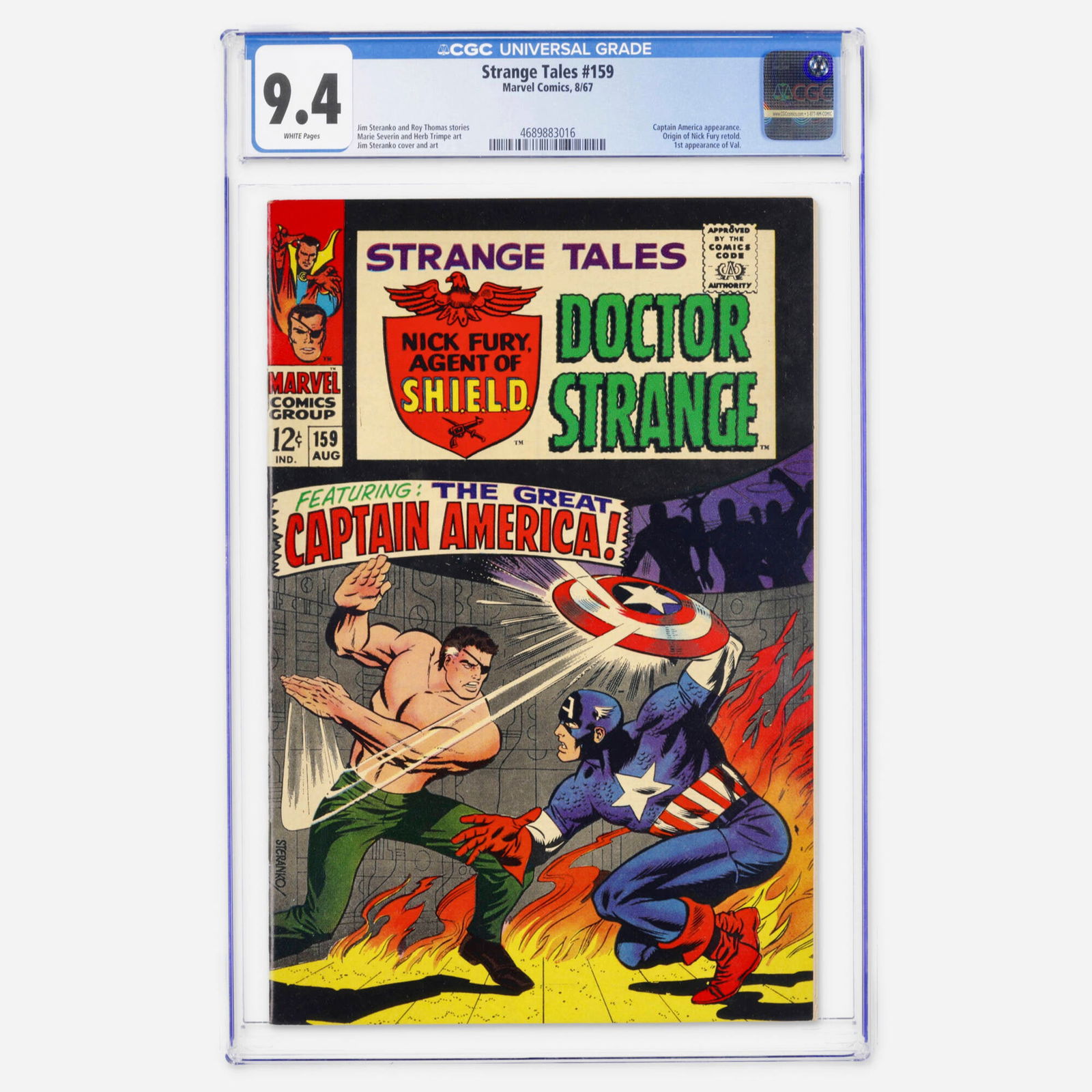 Marvel Comics Strange Tales #159 CGC 9.4: Marvel Comics Strange Tales #159 CGC 9.4 USA, 1967 A Silver Age classic featuring a Captain America appearance and the first appearance of Val. Jim Steranko provides the cover and art for this retelli