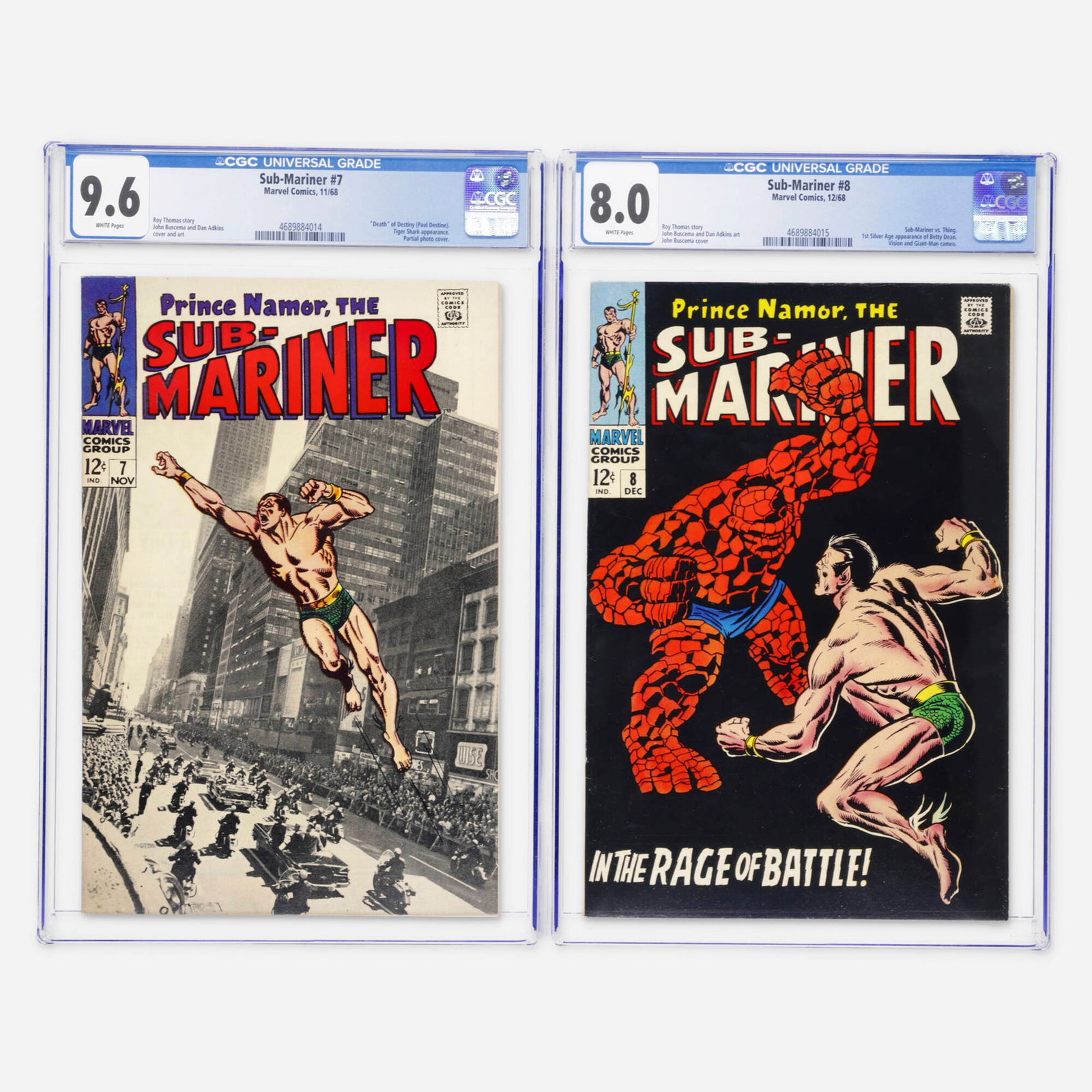 2 Marvel Comics Sub-Mariner #7 and #8 CGC Group: 2 Marvel Comics Sub-Mariner #7 and #8 CGC Group USA, 1968 Marvel Comics Sub-Mariner #7 CGC 9.6 (11/68) CGC#: 4689884014Population: 62 in 9.6, 24 higher Grad