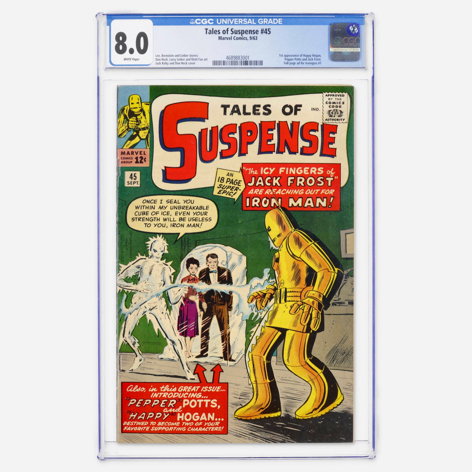 Marvel Comics Tales of Suspense #45 CGC 8.0: Marvel Comics Tales of Suspense #45 CGC 8.0 USA, 1963 This Silver Age key marks the first appearance of Happy Hogan, Pepper Potts, and Jack Frost. Creators Lee, Bernstein, Lieber, Heck, and Kirby also