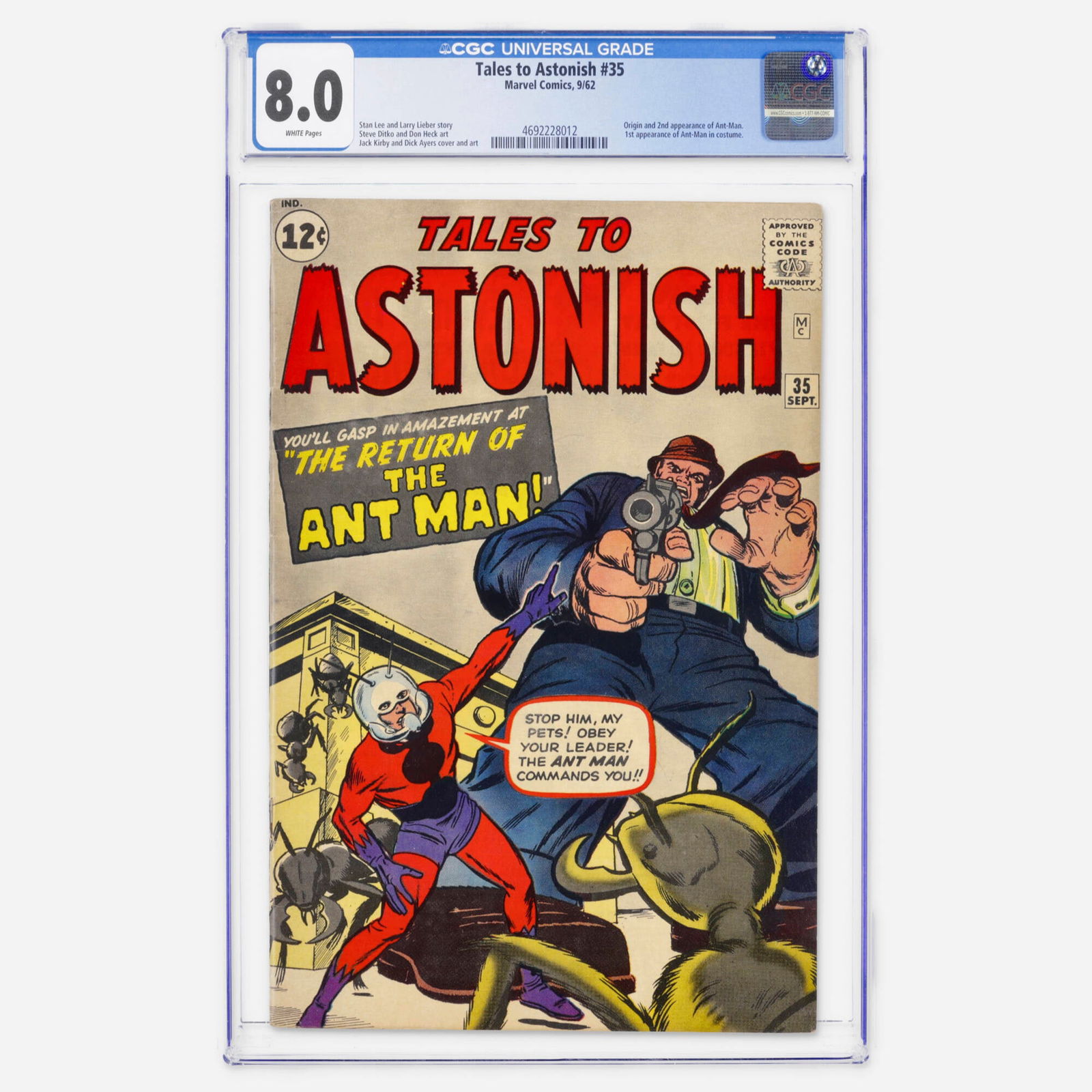 Marvel Comics Tales to Astonish #35 CGC 8.0: Marvel Comics Tales to Astonish #35 CGC 8.0 USA, 1962 Henry Pym adopts his heroic persona in the first appearance of Ant-Man in costume. Stan Lee, Larry Lieber, Steve Ditko, Don Heck, Jack Kirby, and