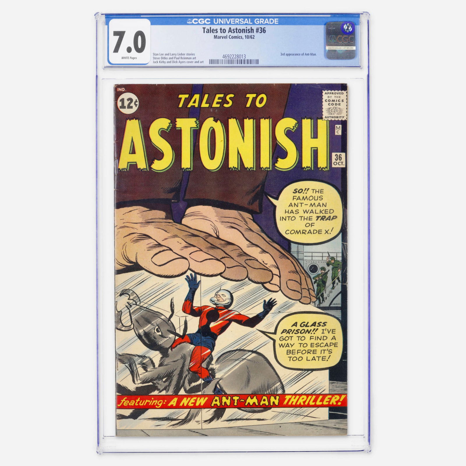 Marvel Comics Tales to Astonish #36 CGC 7.0: Marvel Comics Tales to Astonish #36 CGC 7.0 USA, 1962 This Silver Age issue features the third appearance of Ant-Man. The creative lineup includes Stan Lee, Larry Lieber, Steve Ditko, Paul Reinman, Ja