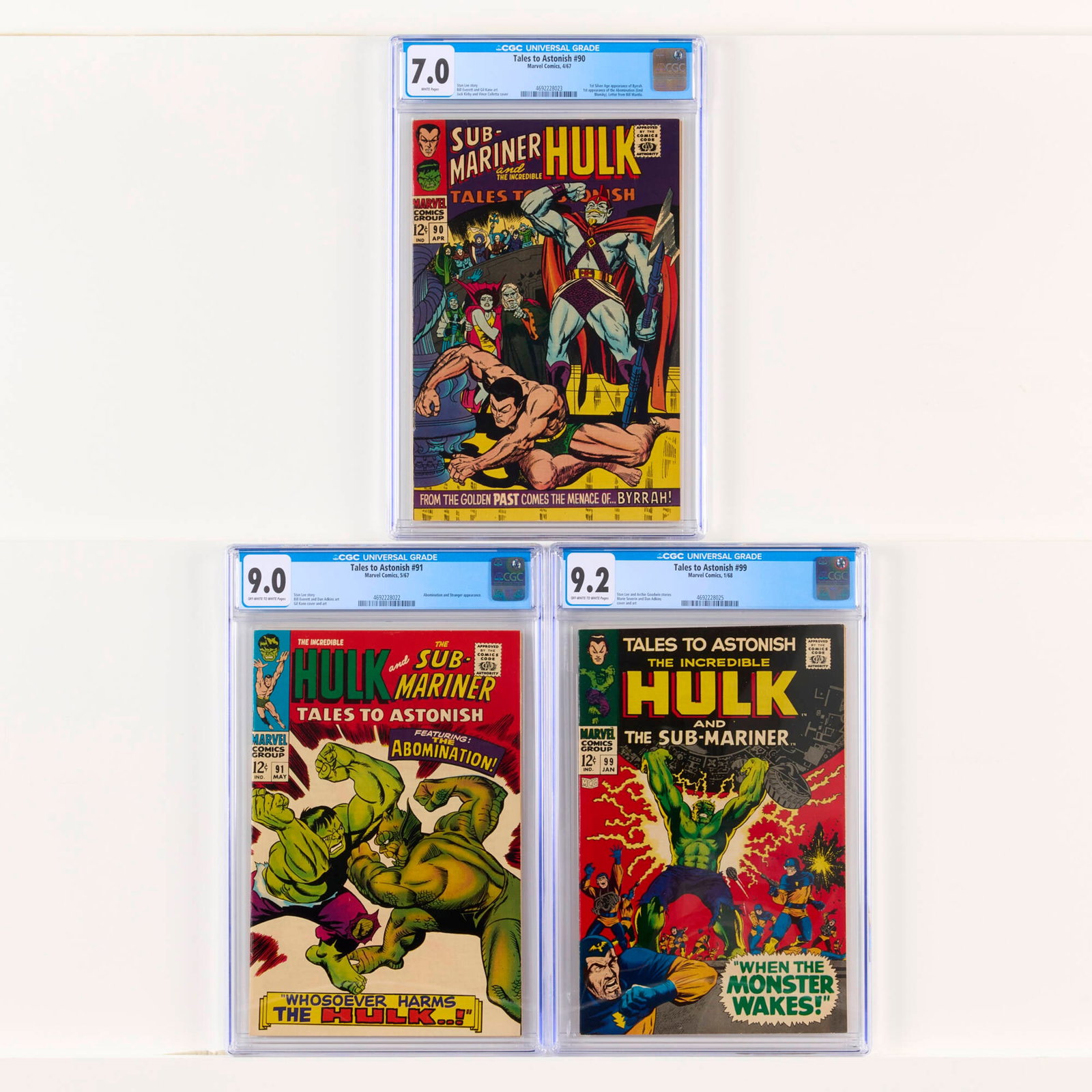 3 Marvel Comics Tales to Astonish #90, #91 and #99 CGC Group: 3 Marvel Comics Tales to Astonish #90, #91 and #99 CGC Group USA, 20th Century Marvel Comics Tales to Astonish #90 CGC 7.0 (4/67) CGC#: 4692228023Population: 95 in 7.0