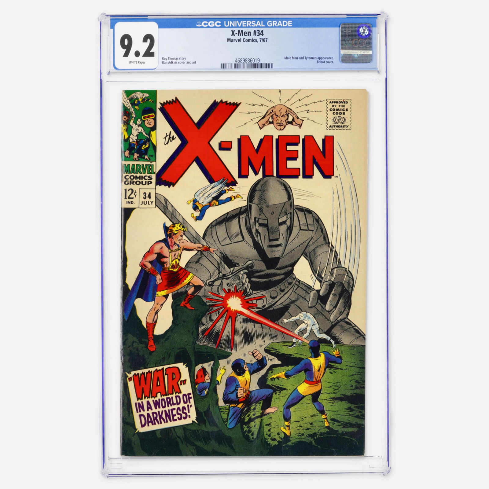 Marvel Comics X-Men #34 CGC 9.2: Marvel Comics X-Men #34 CGC 9.2 USA, 1967 This Silver Age issue, known for its iconic robot cover, features appearances by Mole Man and Tyrannus. Roy Thomas and Dan Adkins collaborated as the primary